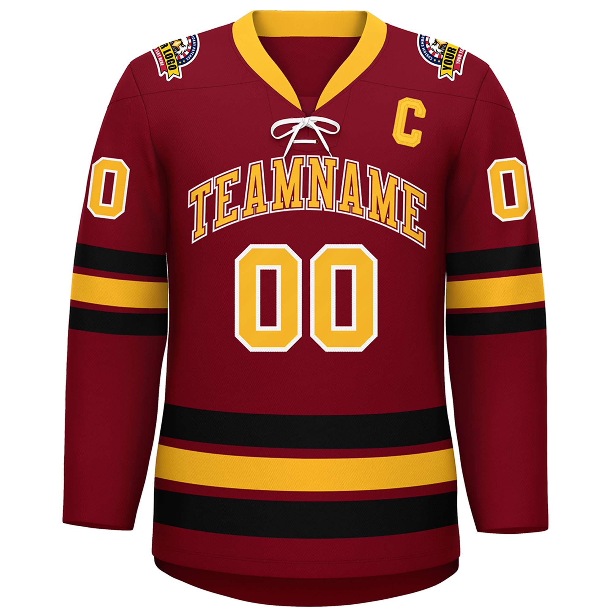 Custom Crimson Yellow-Black Lace-Up Neck Hockey Jersey