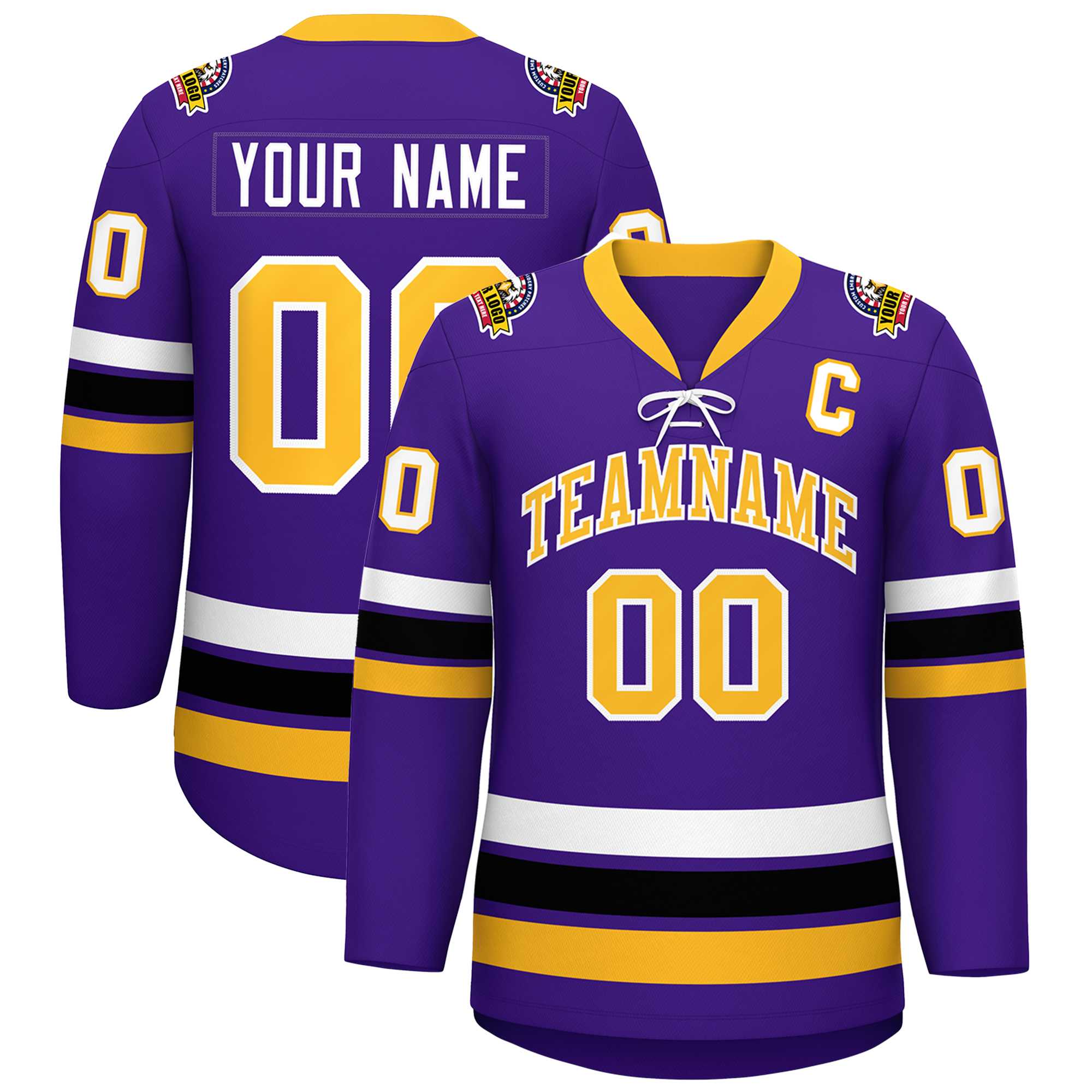 Custom Purple Yellow-White Lace-Up Neck Hockey Jersey