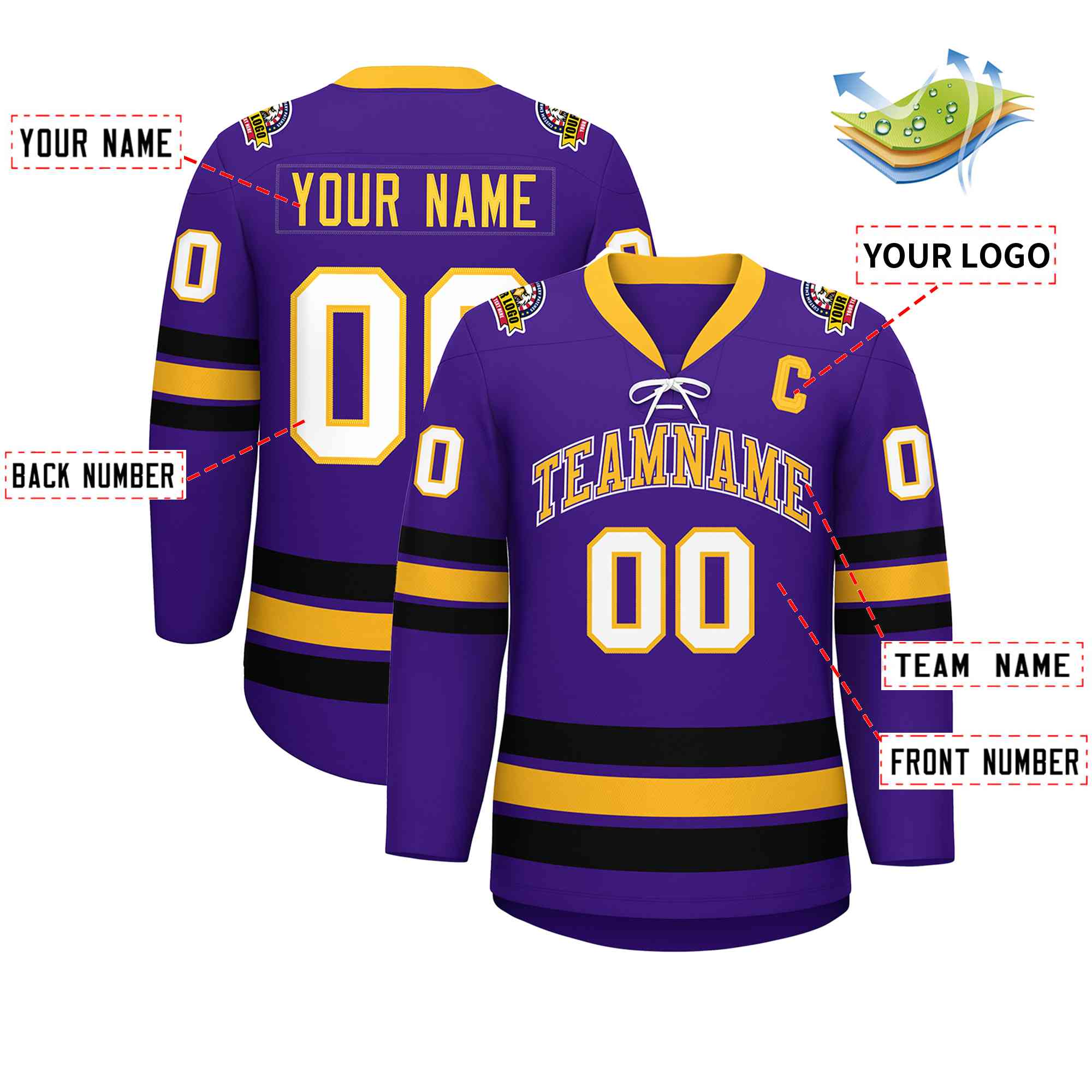 Custom Purple Yellow-Black Lace-Up Neck Hockey Jersey