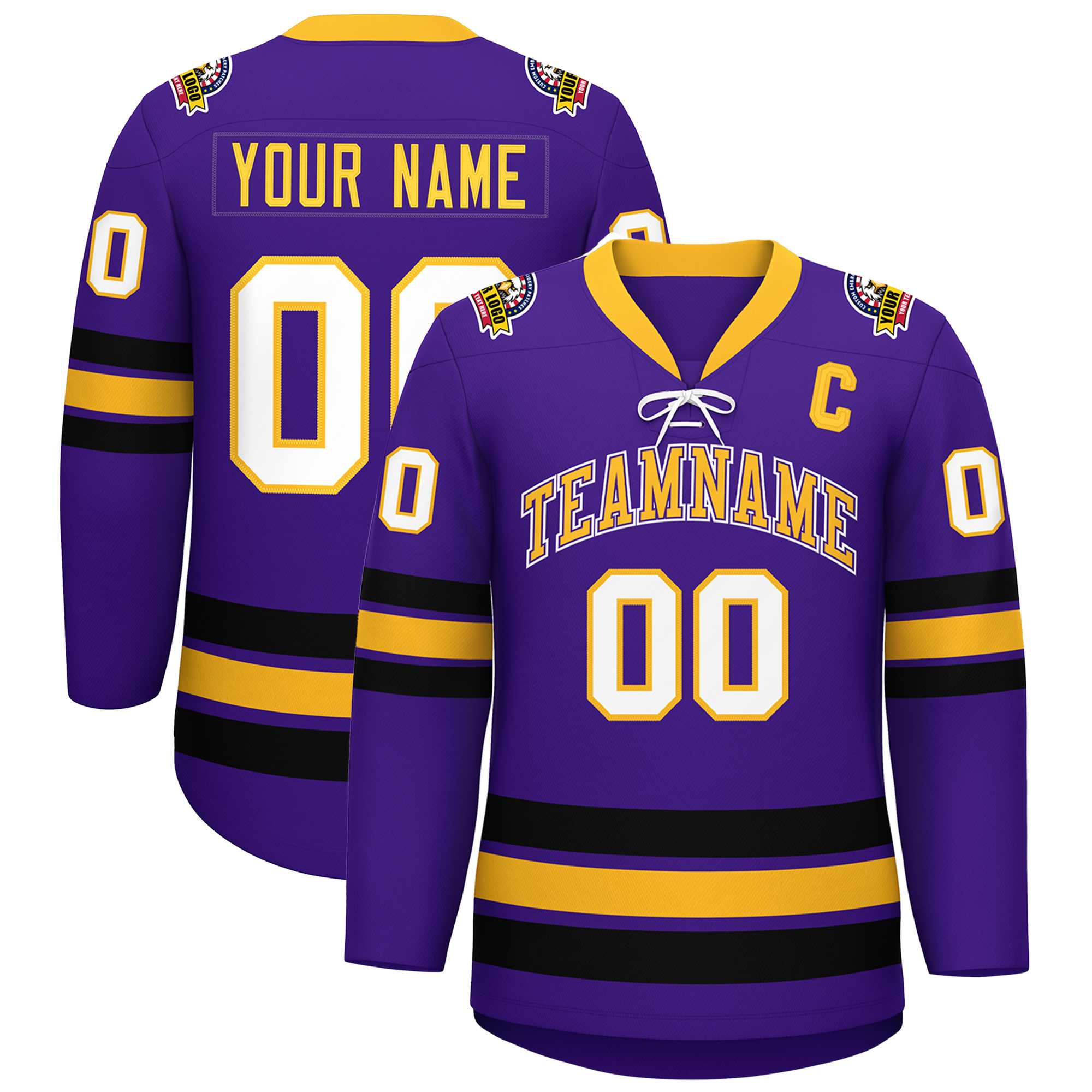 Custom Purple Yellow-Black Lace-Up Neck Hockey Jersey