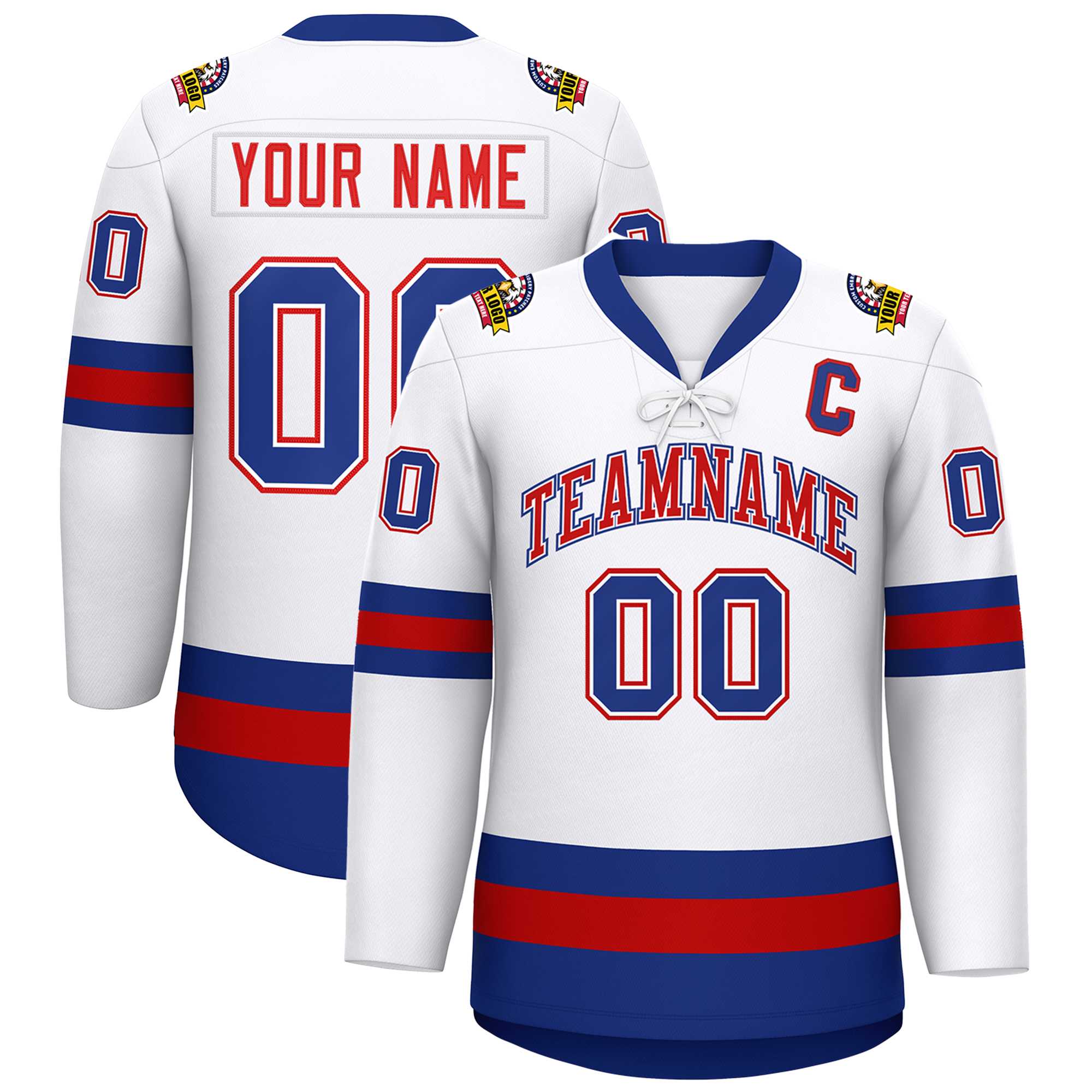 Custom White Red-Royal Lace-Up Neck Hockey Jersey