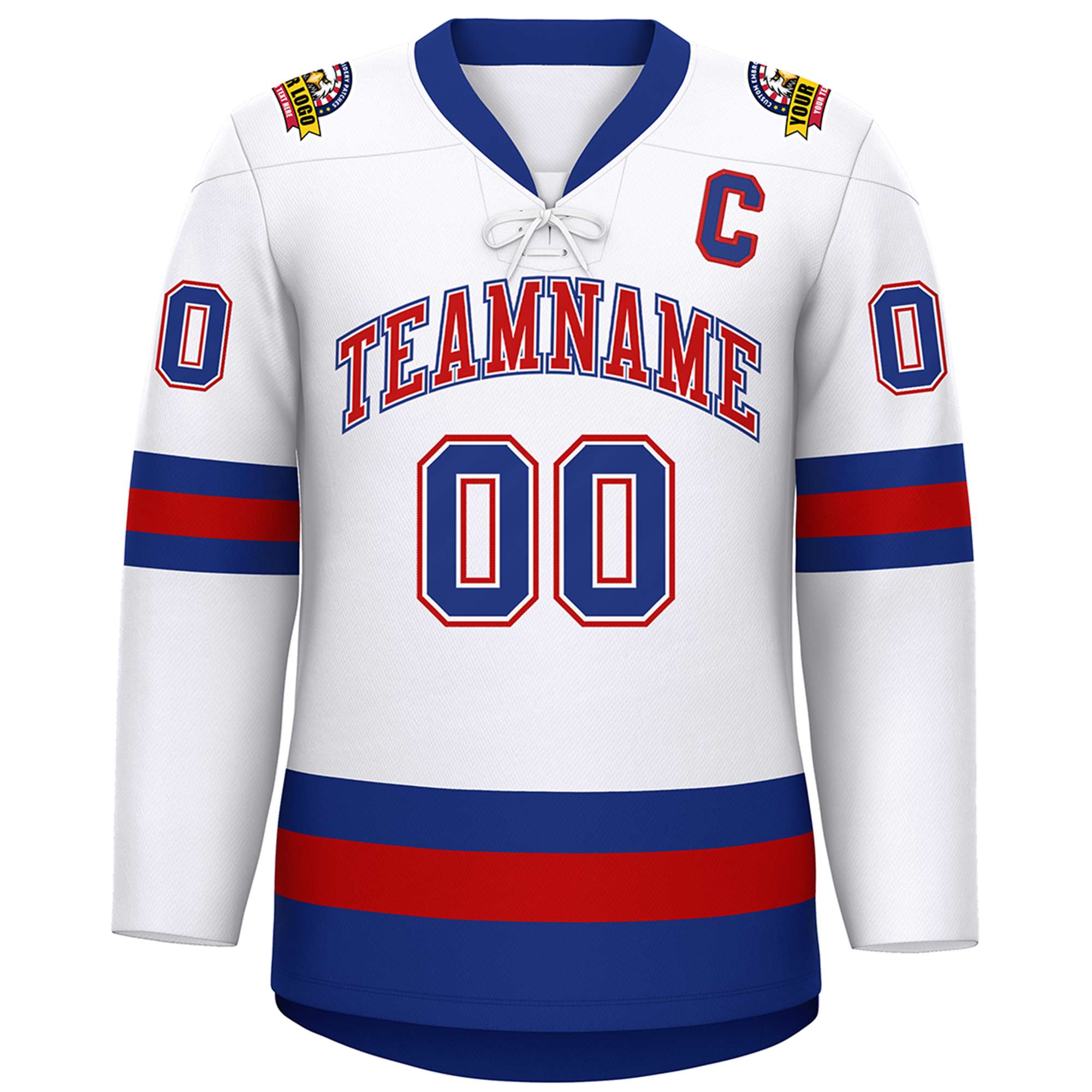 Custom White Red-Royal Lace-Up Neck Hockey Jersey