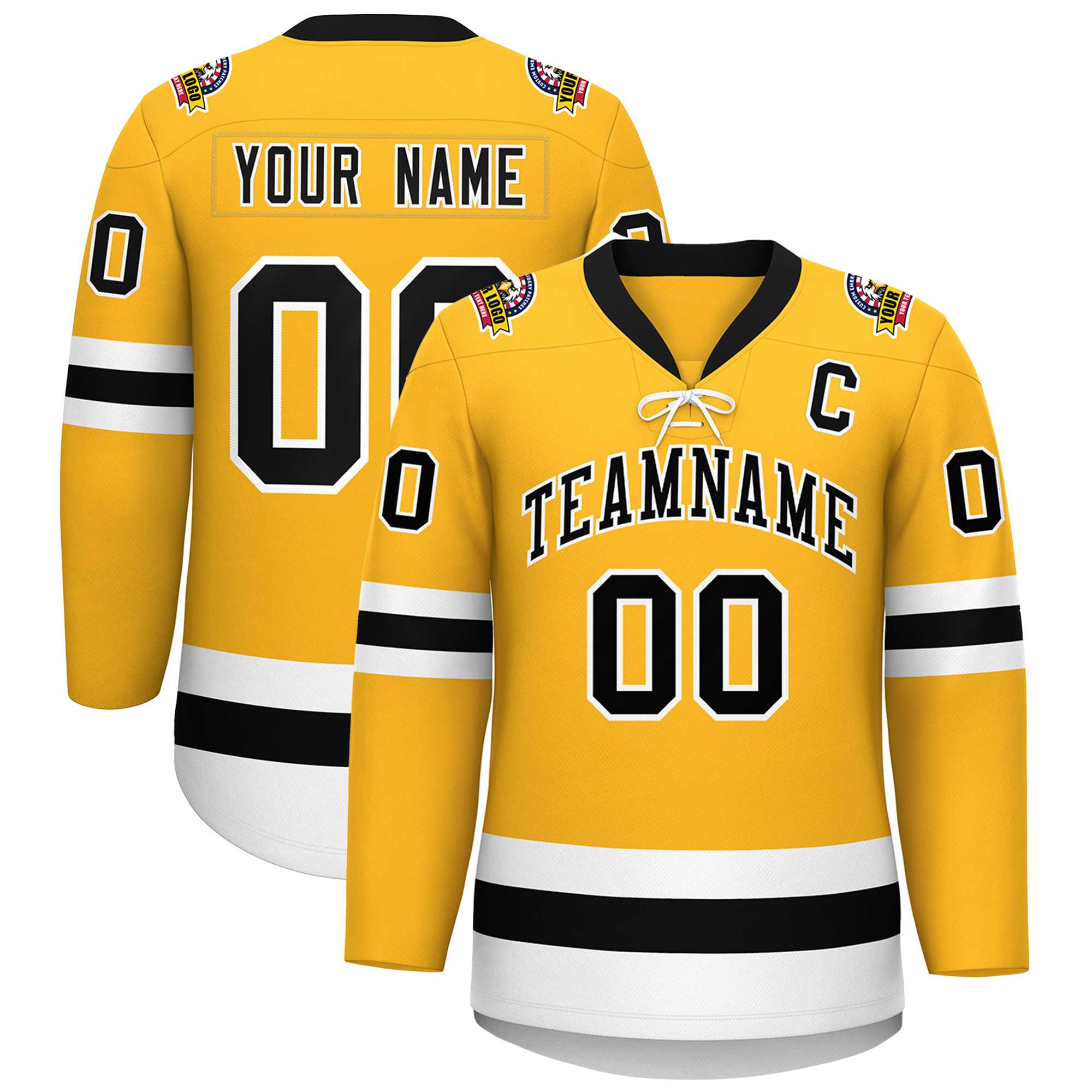 Custom Gold Black-White Lace-Up Neck Hockey Jersey