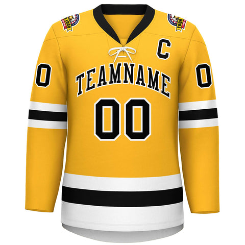 Custom Gold Black-White Lace-Up Neck Hockey Jersey
