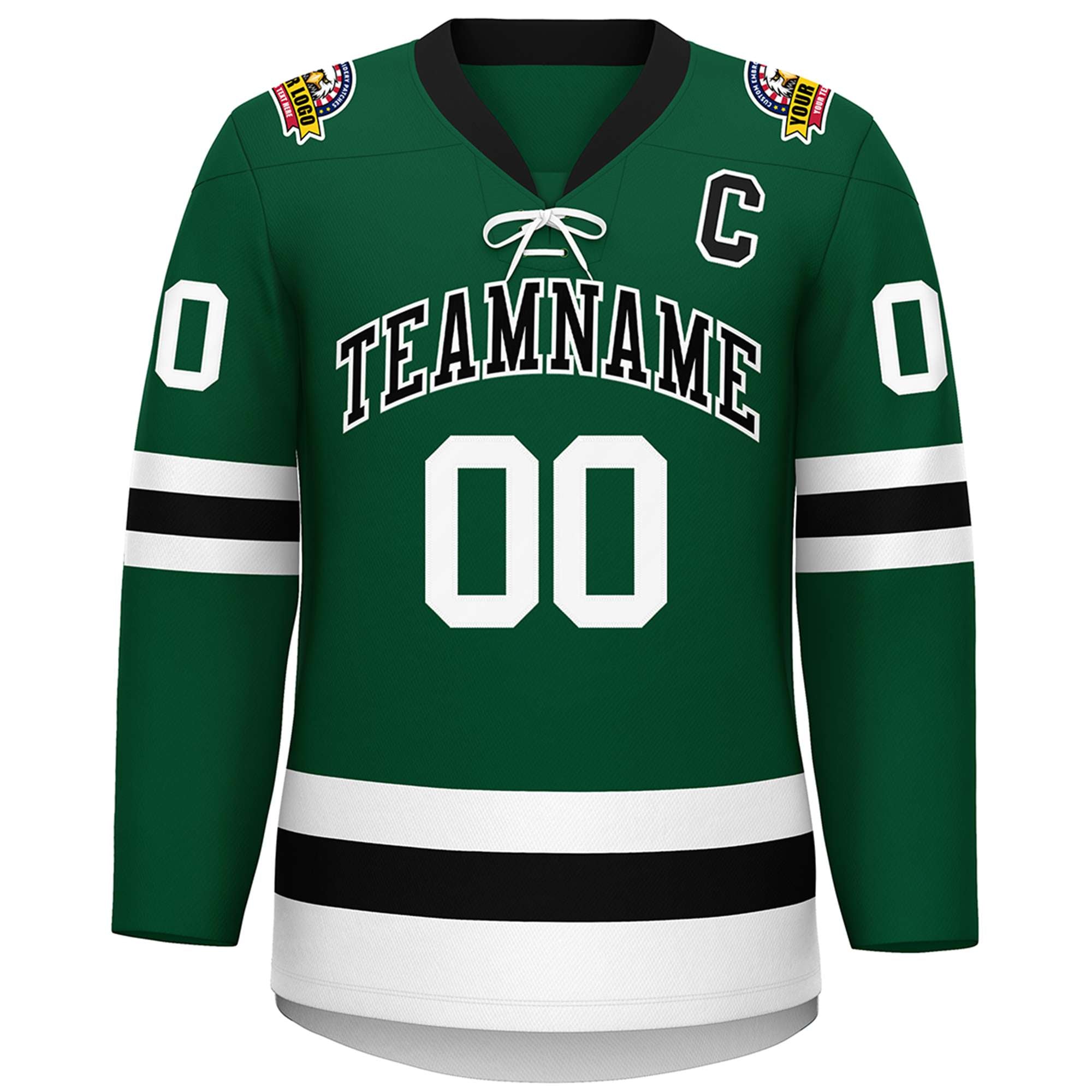 Custom Green Black-White Lace-Up Neck Hockey Jersey