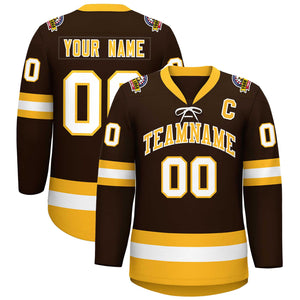 Custom Brown Gold-White Lace-Up Neck Hockey Jersey