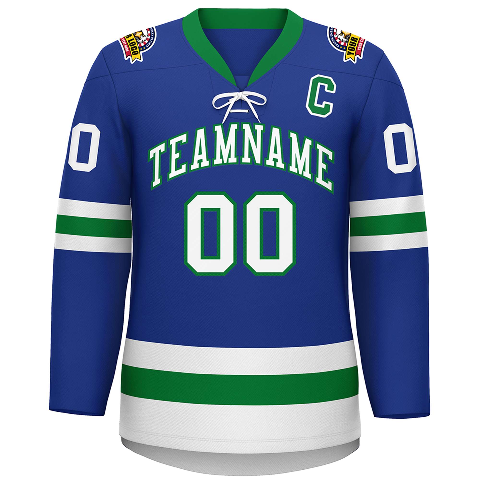 Custom Royal Kelly Green-White Lace-Up Neck Hockey Jersey