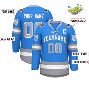 Custom Powder Blue White-Gray Lace-Up Neck Hockey Jersey