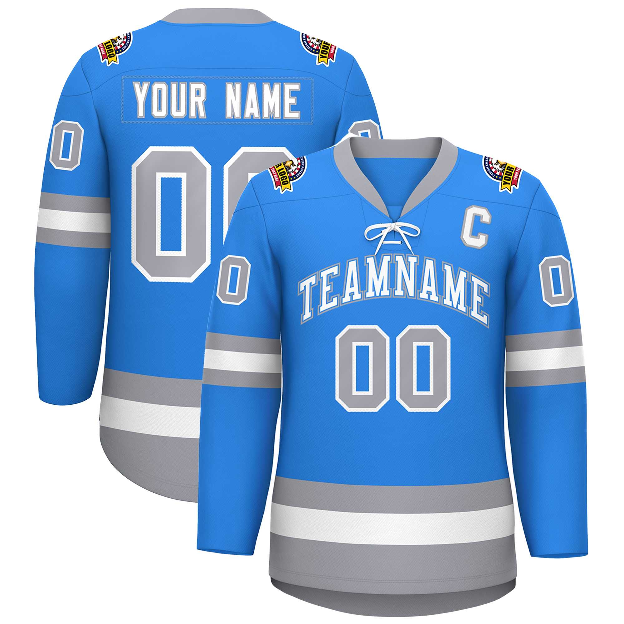 Custom Powder Blue White-Gray Lace-Up Neck Hockey Jersey