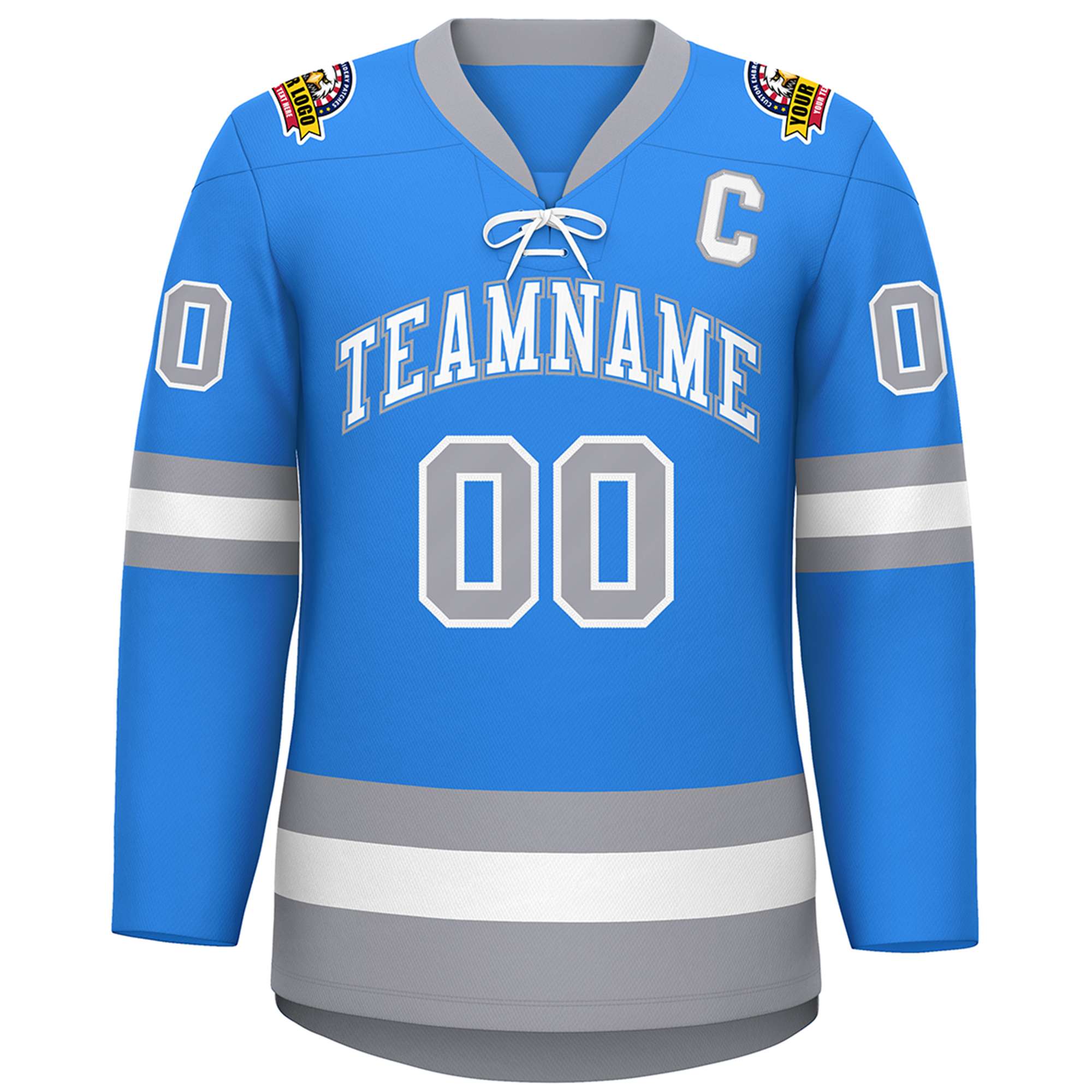 Custom Powder Blue White-Gray Lace-Up Neck Hockey Jersey