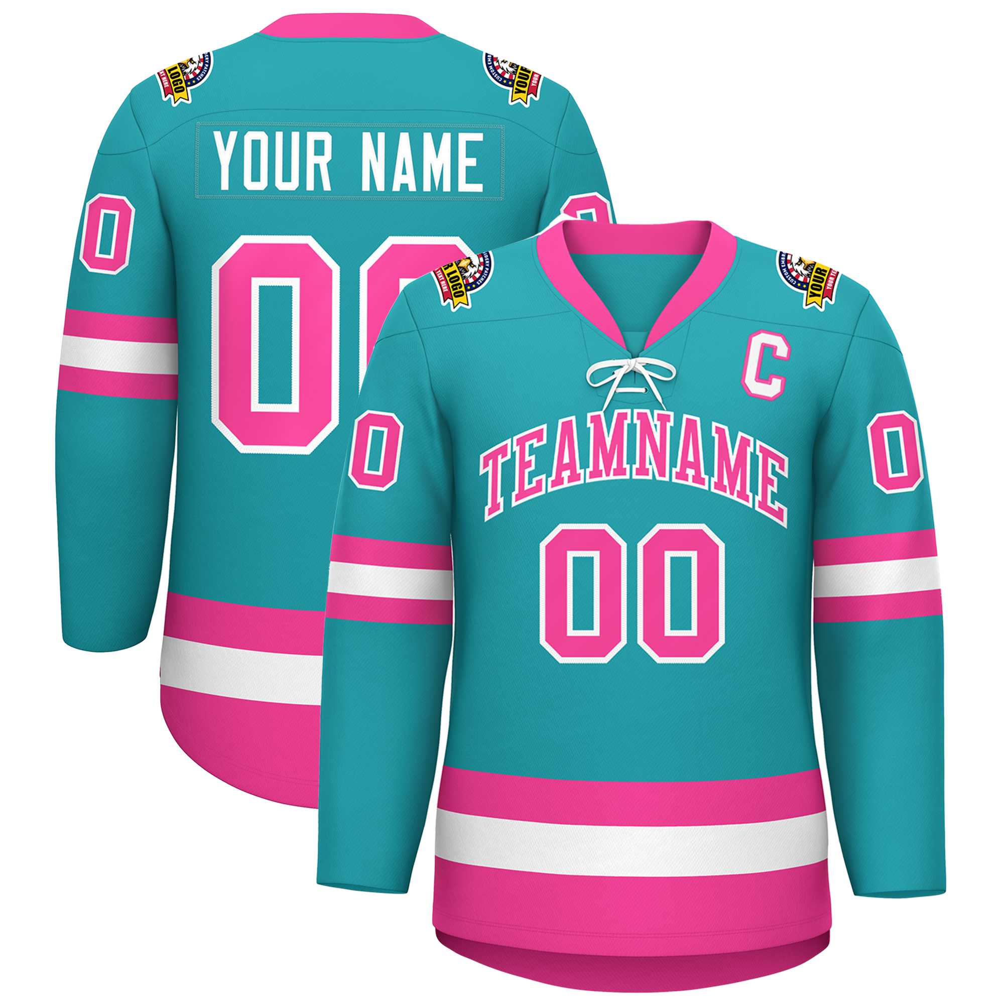 Custom Aqua Pink-White Lace-Up Neck Hockey Jersey