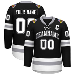 Custom Black White-Gray Lace-Up Neck Hockey Jersey