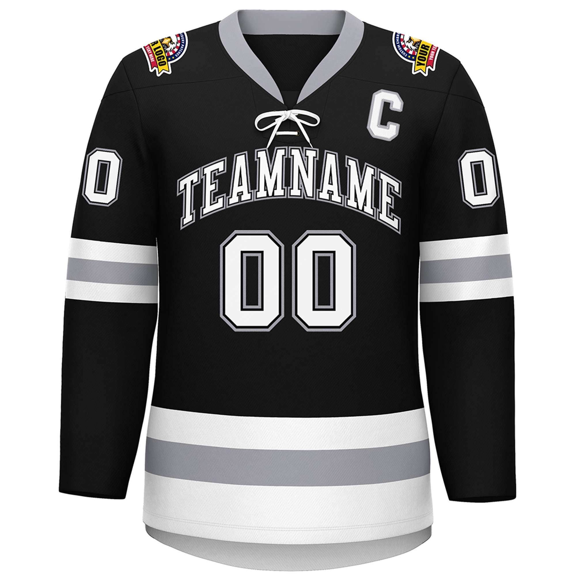 Custom Black White-Gray Lace-Up Neck Hockey Jersey