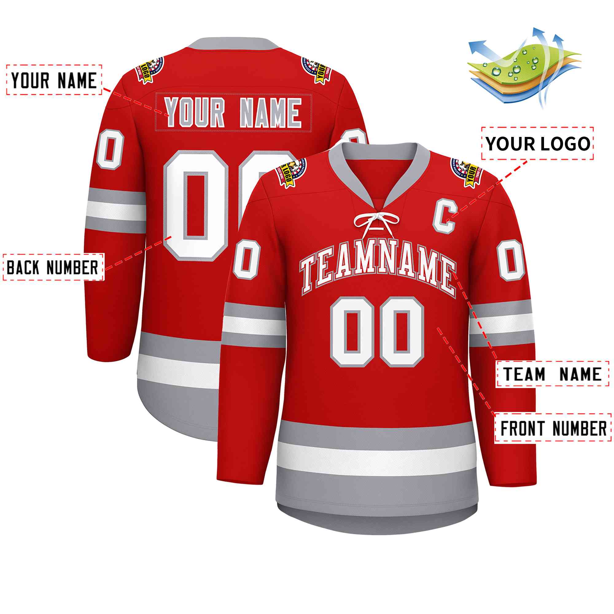 Custom Red White-Gray Lace-Up Neck Hockey Jersey