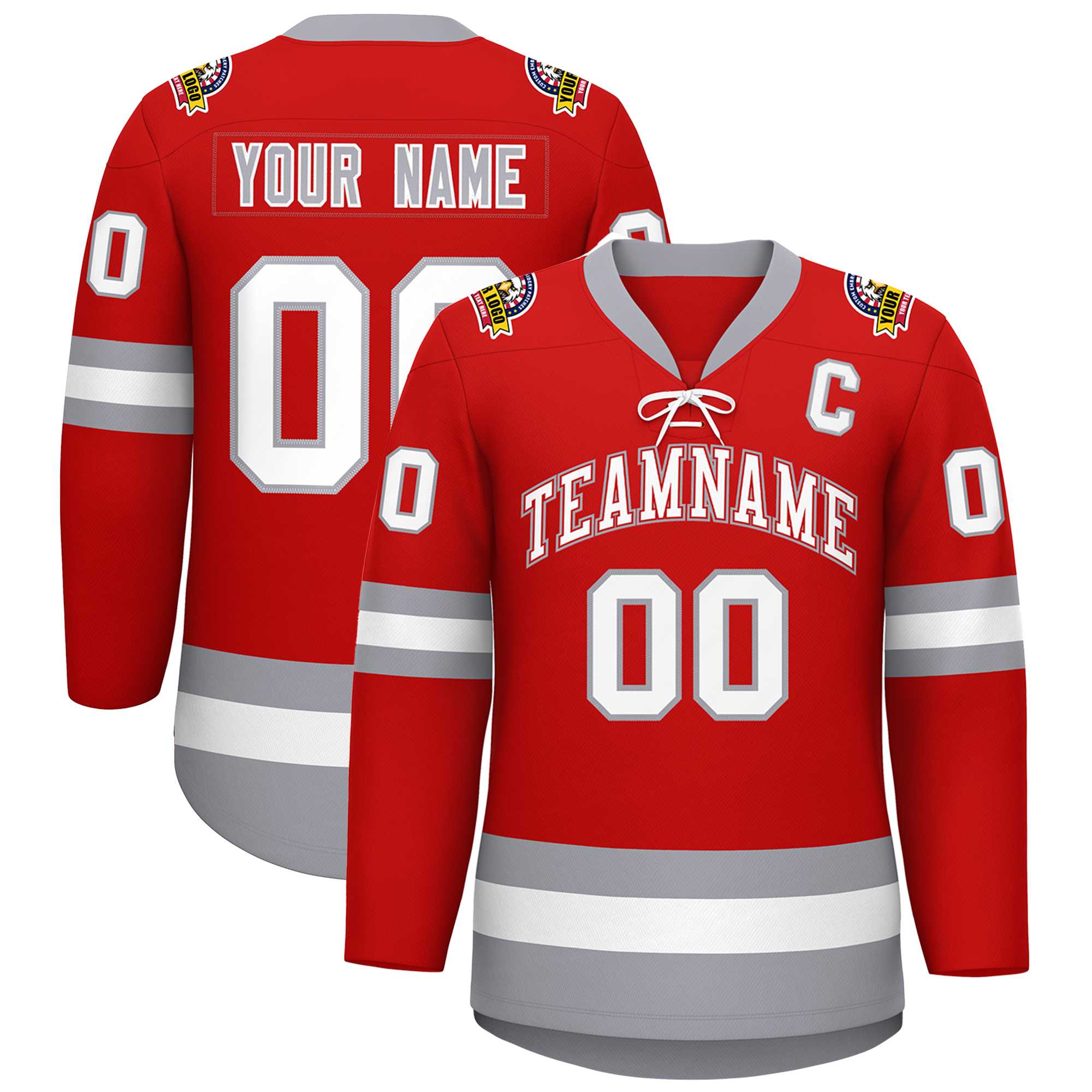 Custom Red White-Gray Lace-Up Neck Hockey Jersey