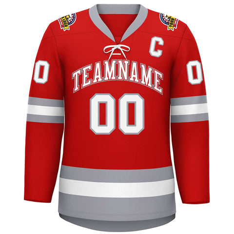 Custom Red White-Gray Lace-Up Neck Hockey Jersey