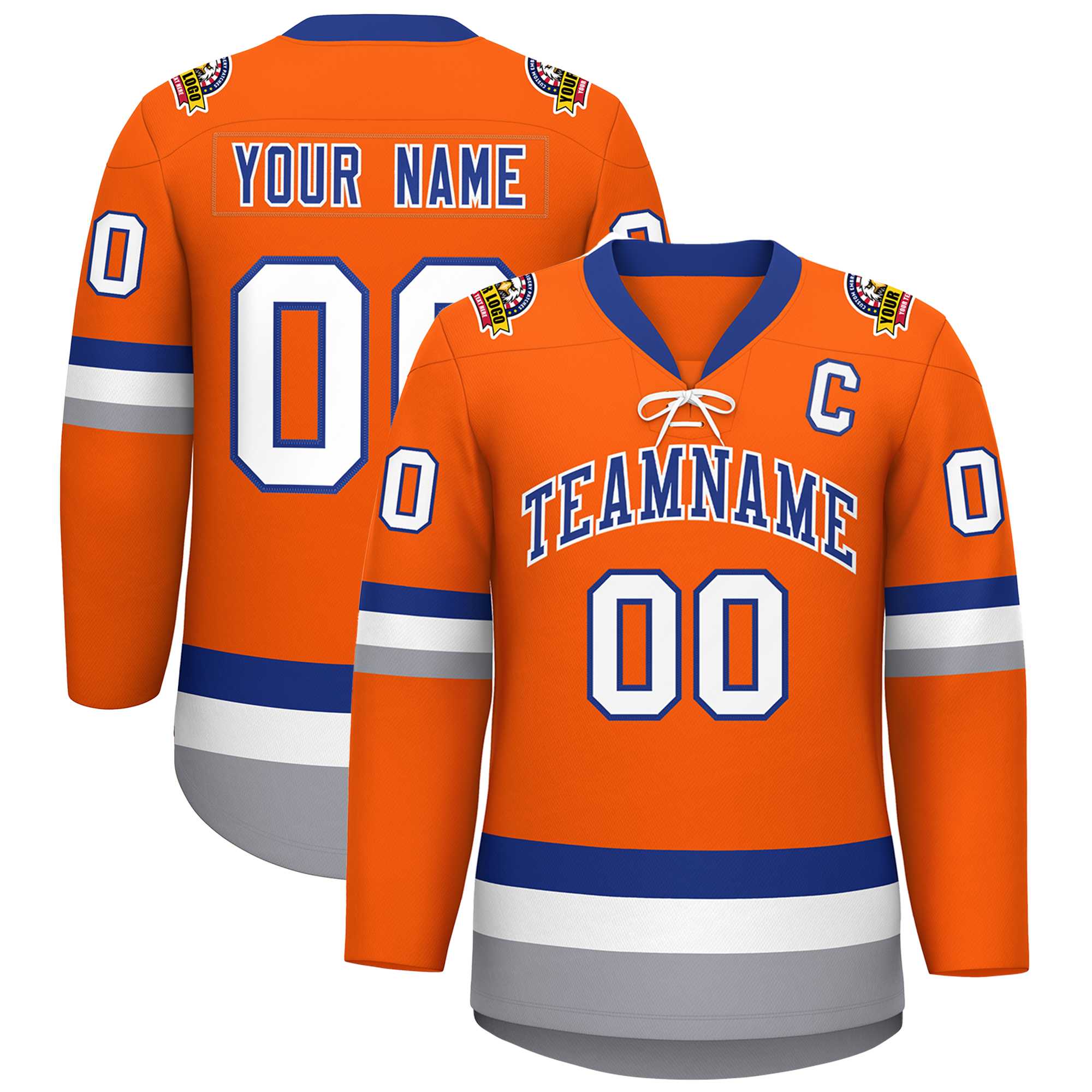 Custom Orange Royal-White Lace-Up Neck Hockey Jersey