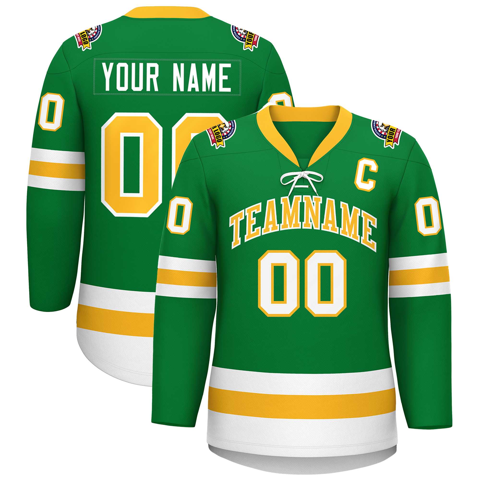 Custom Kelly Green Gold-White Lace-Up Neck Hockey Jersey