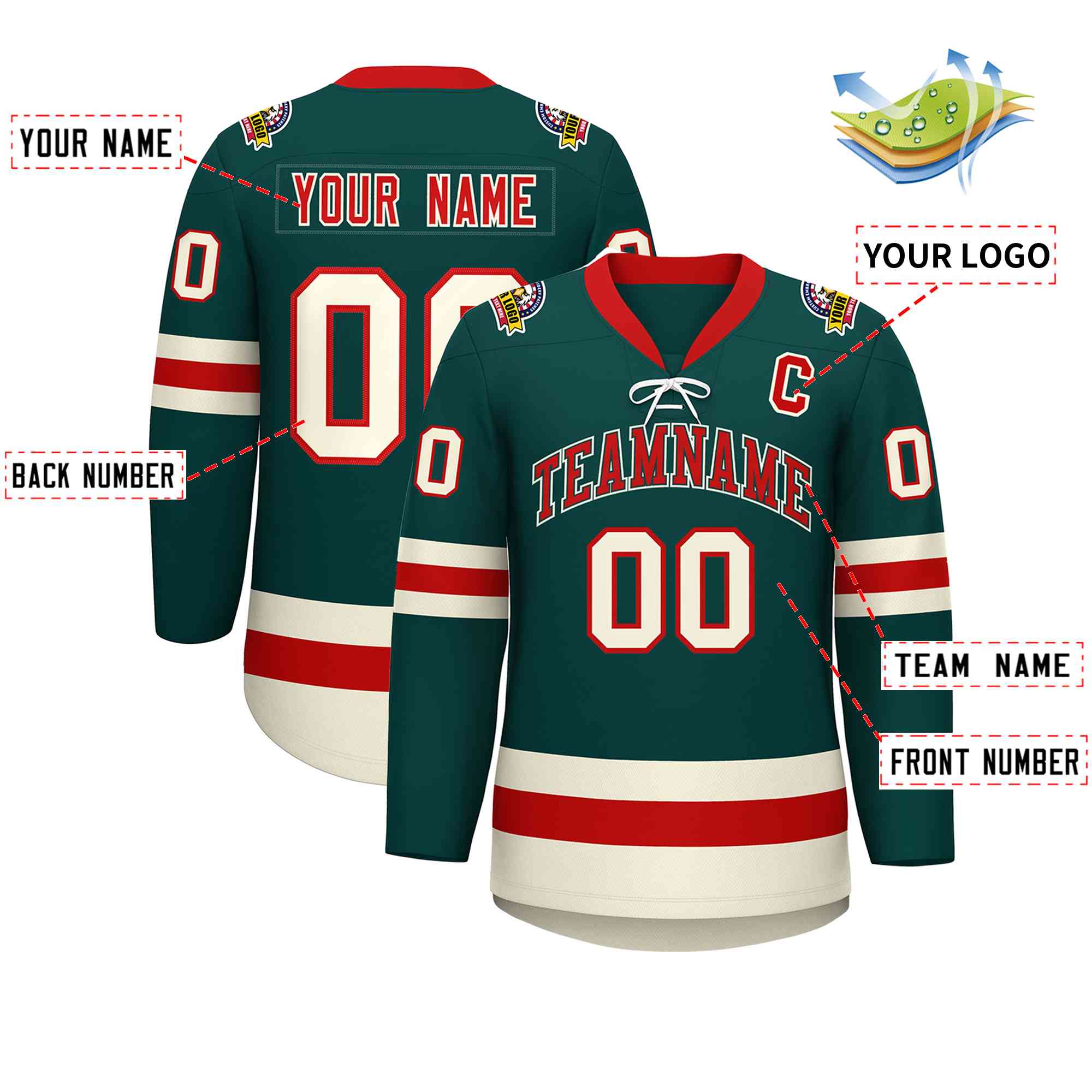 Custom Midnight Green Red-Cream Lace-Up Neck Hockey Jersey