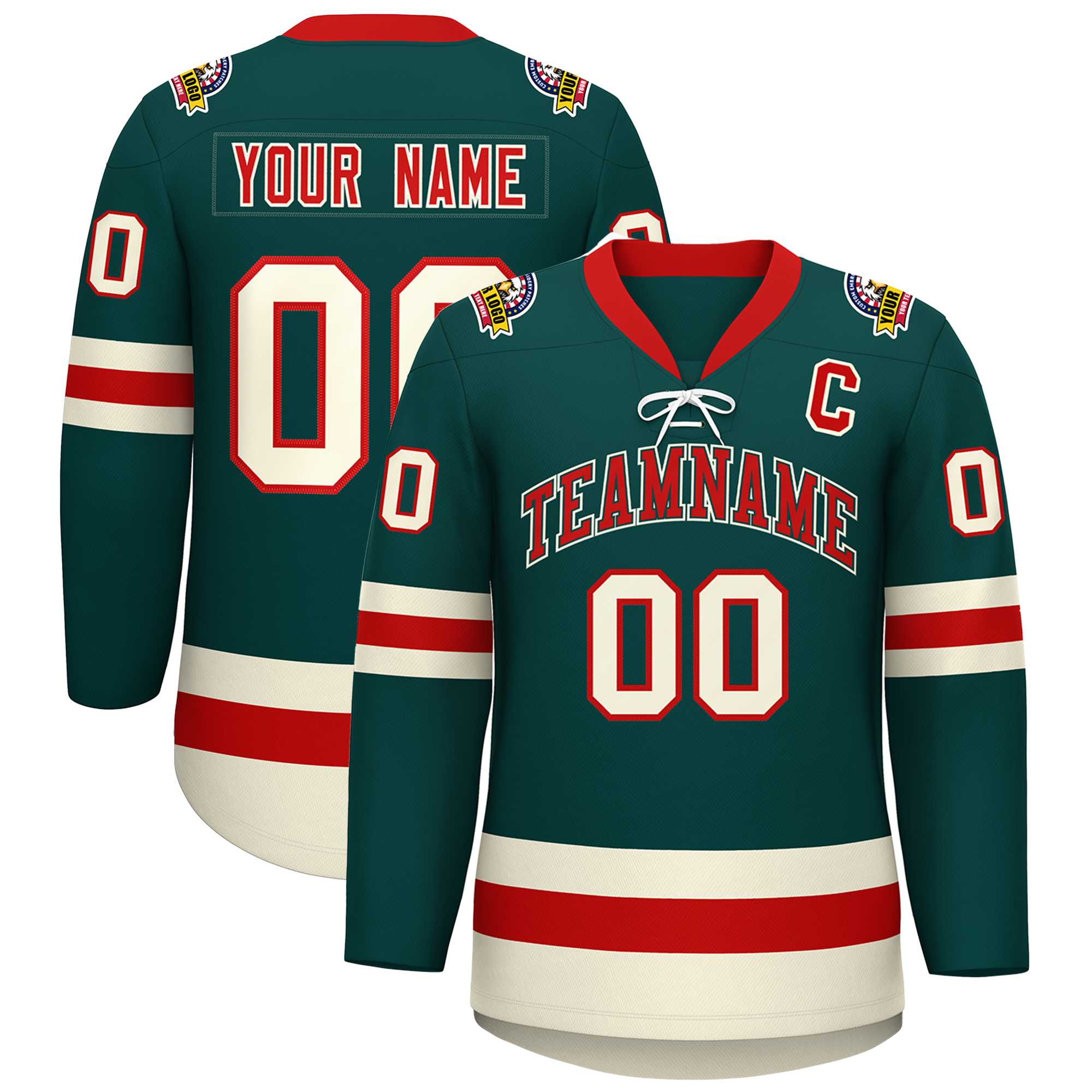 Custom Midnight Green Red-Cream Lace-Up Neck Hockey Jersey