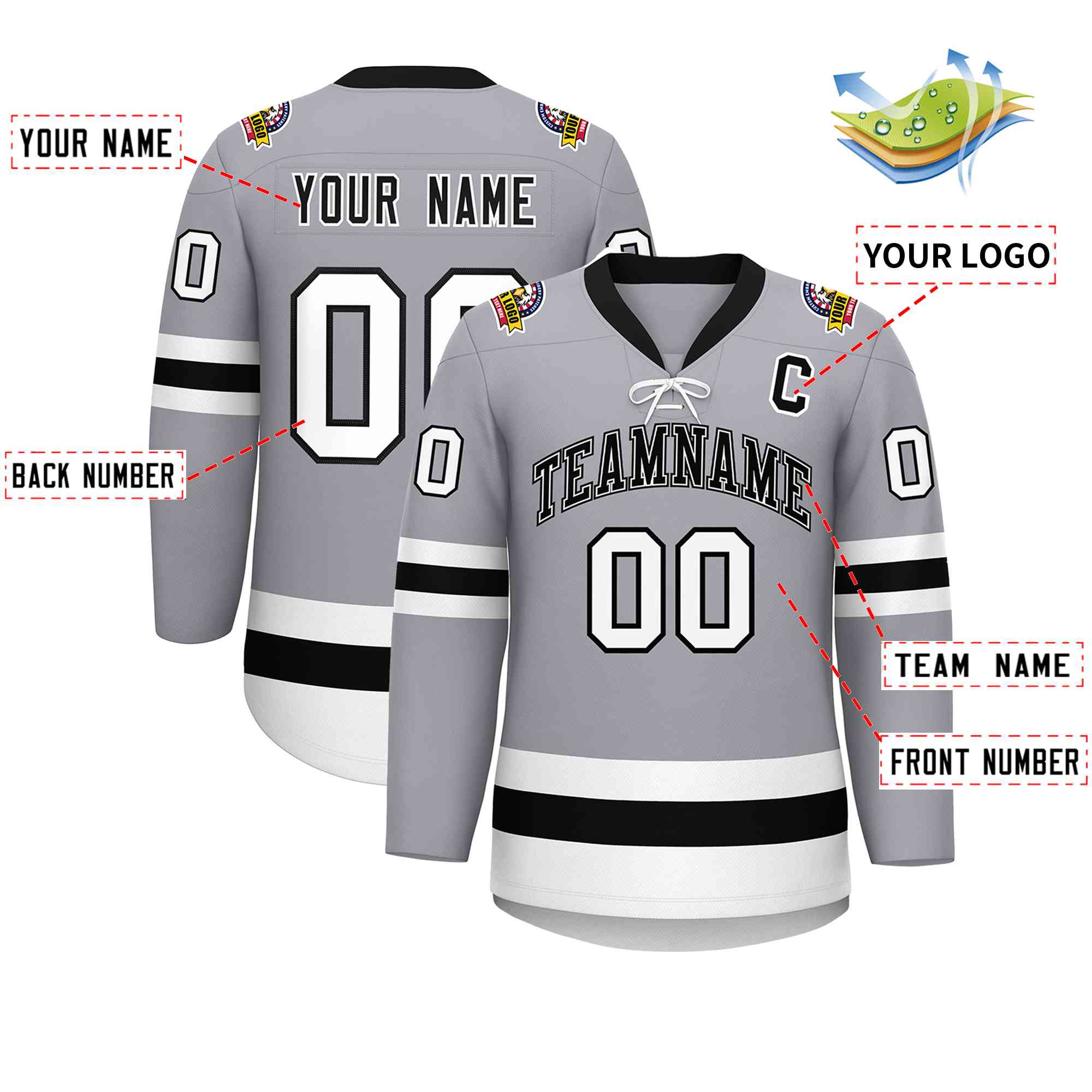 Custom Gray Black-White Lace-Up Neck Hockey Jersey