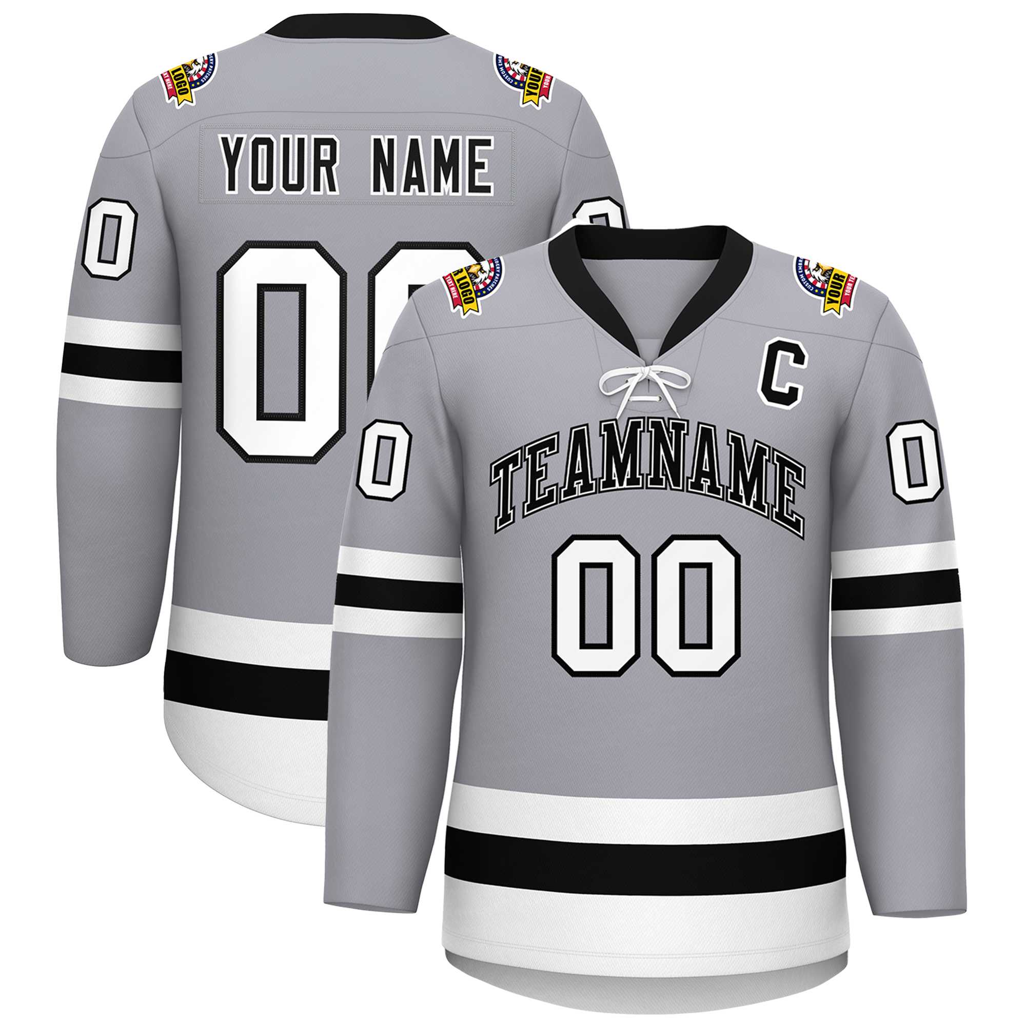 Custom Gray Black-White Lace-Up Neck Hockey Jersey