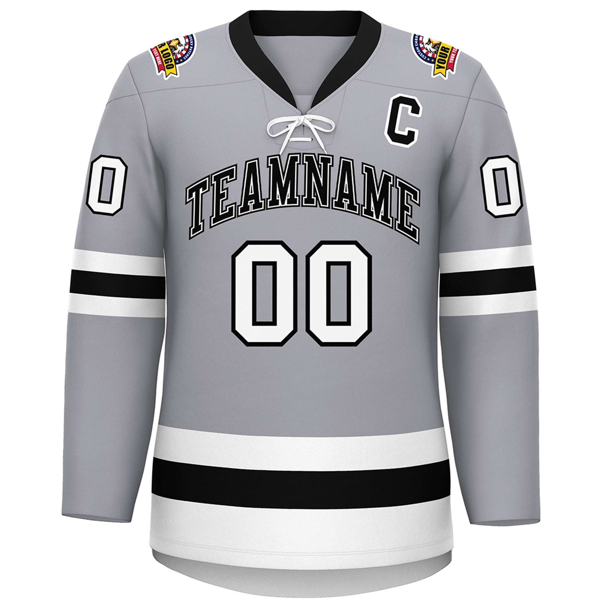 Custom Gray Black-White Lace-Up Neck Hockey Jersey