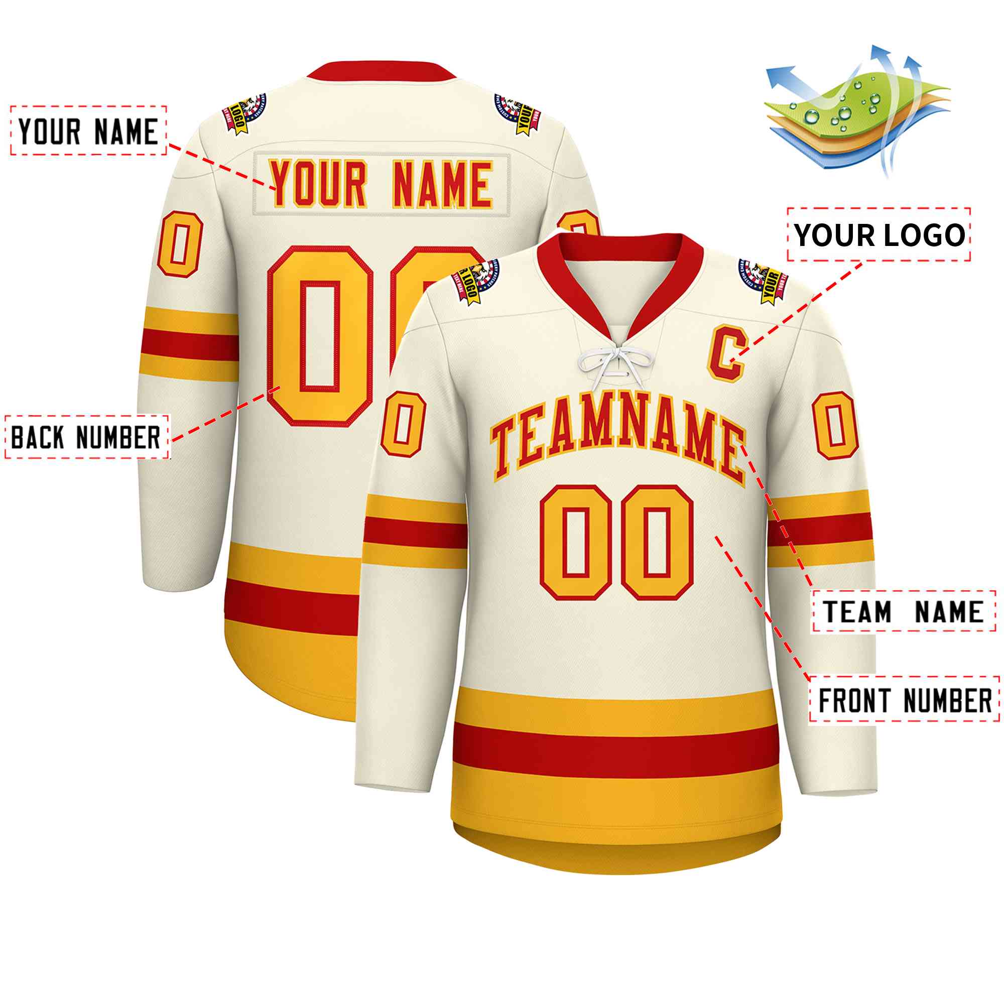 Custom Cream Red-Gold Lace-Up Neck Hockey Jersey