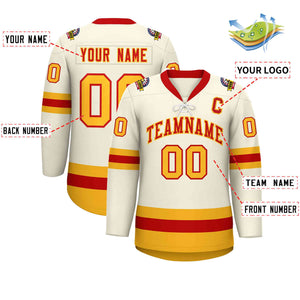 Custom Cream Red-Gold Lace-Up Neck Hockey Jersey