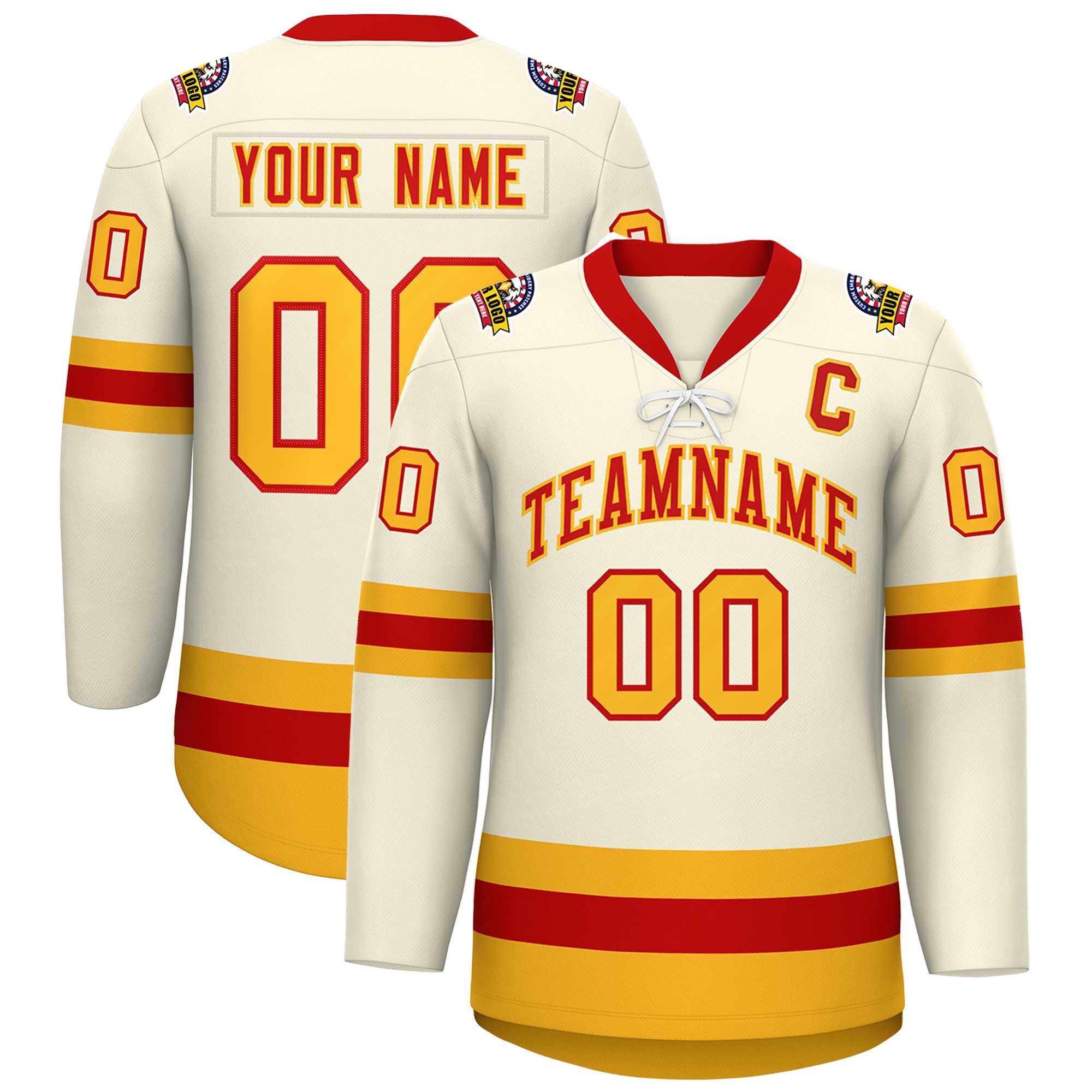 Custom Cream Red-Gold Lace-Up Neck Hockey Jersey