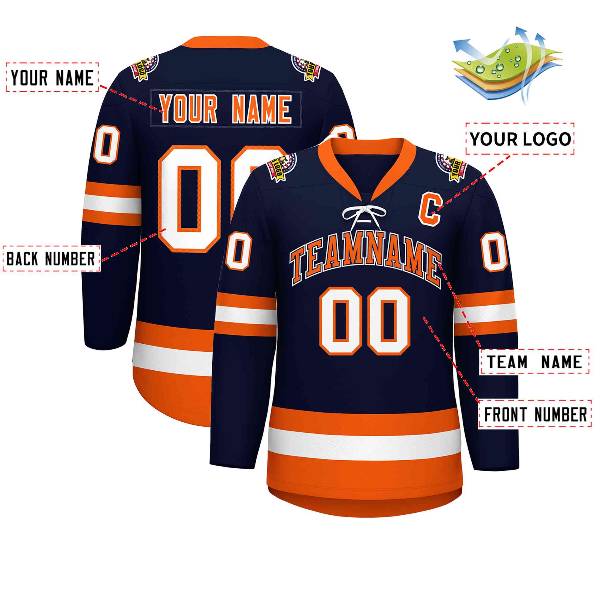 Custom Navy Orange-White Lace-Up Neck Hockey Jersey