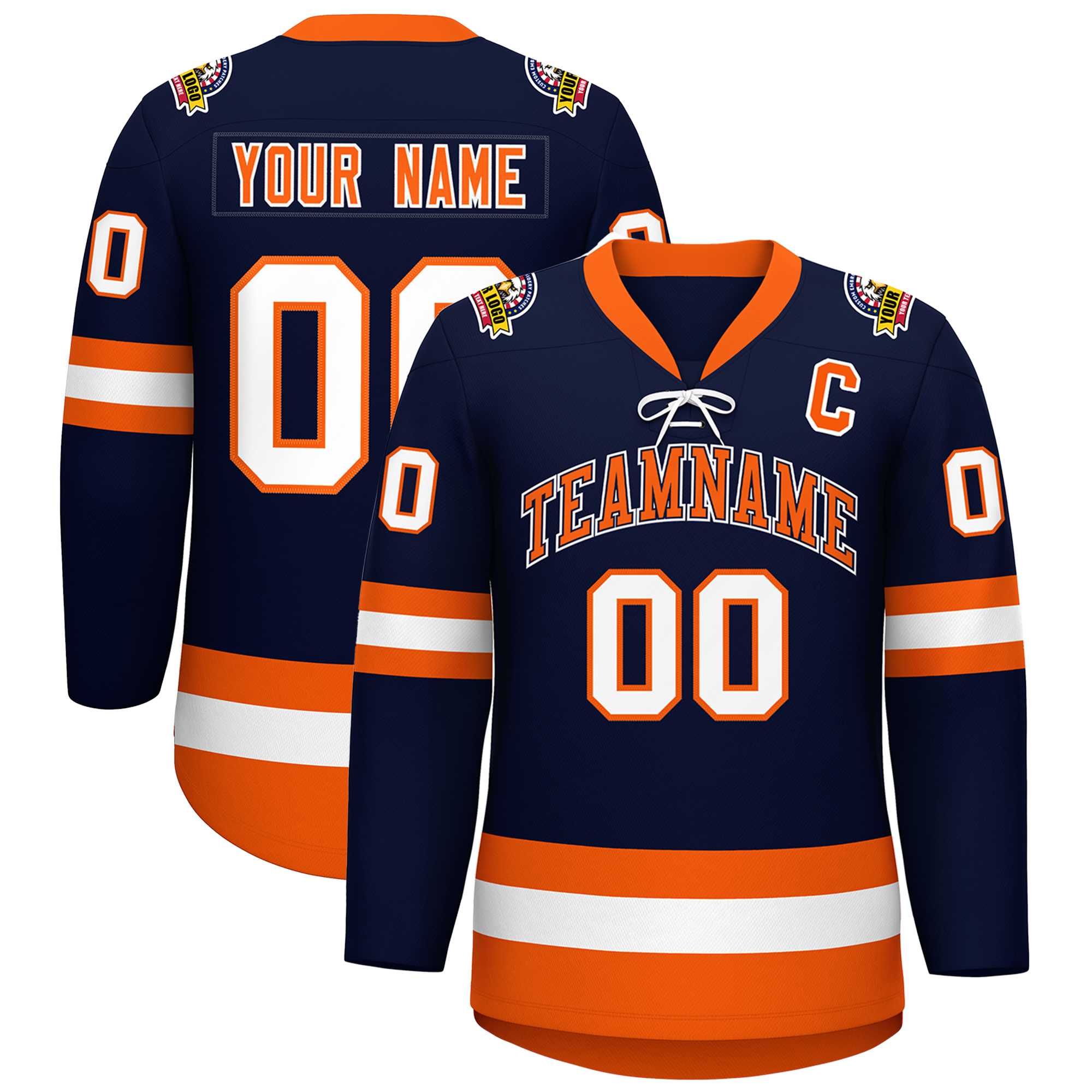 Custom Navy Orange-White Lace-Up Neck Hockey Jersey