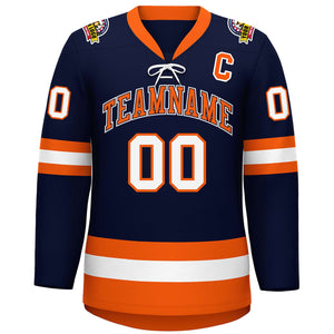 Custom Navy Orange-White Lace-Up Neck Hockey Jersey