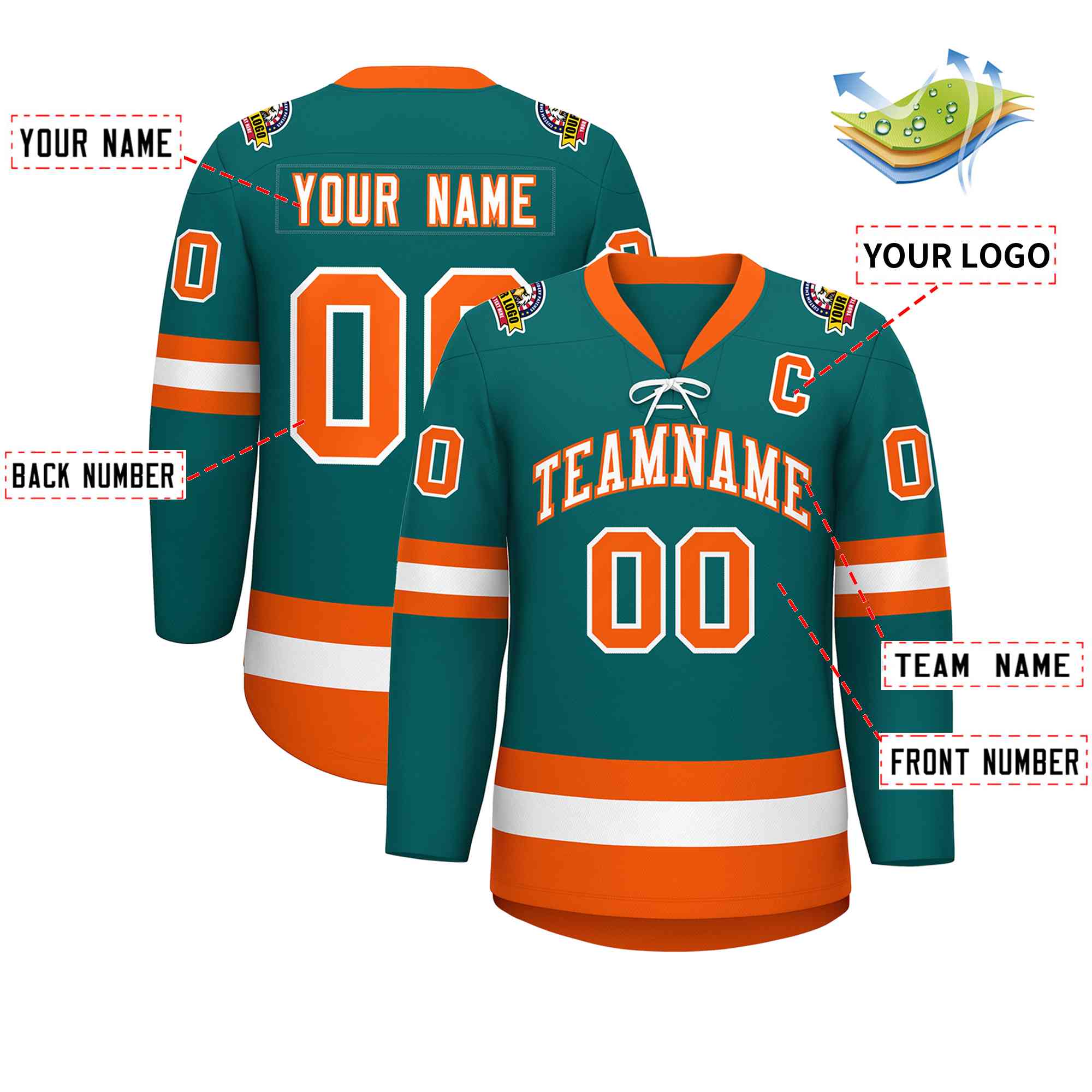 Custom Aqua White-Orange Lace-Up Neck Hockey Jersey