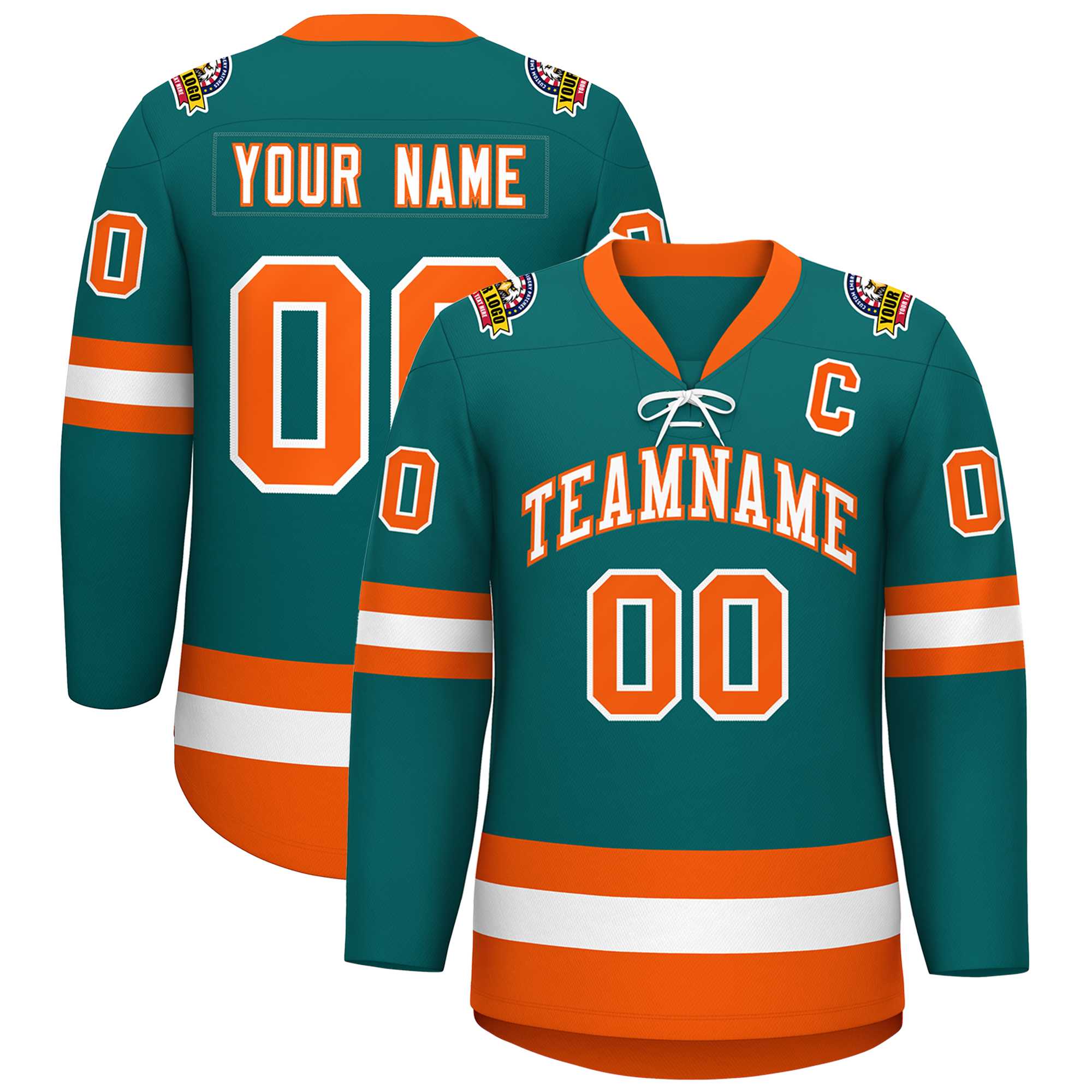 Custom Aqua White-Orange Lace-Up Neck Hockey Jersey