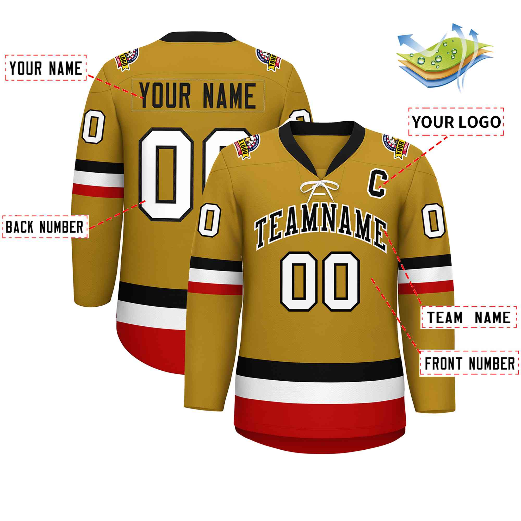 Custom Old Gold Black-White Lace-Up Neck Hockey Jersey