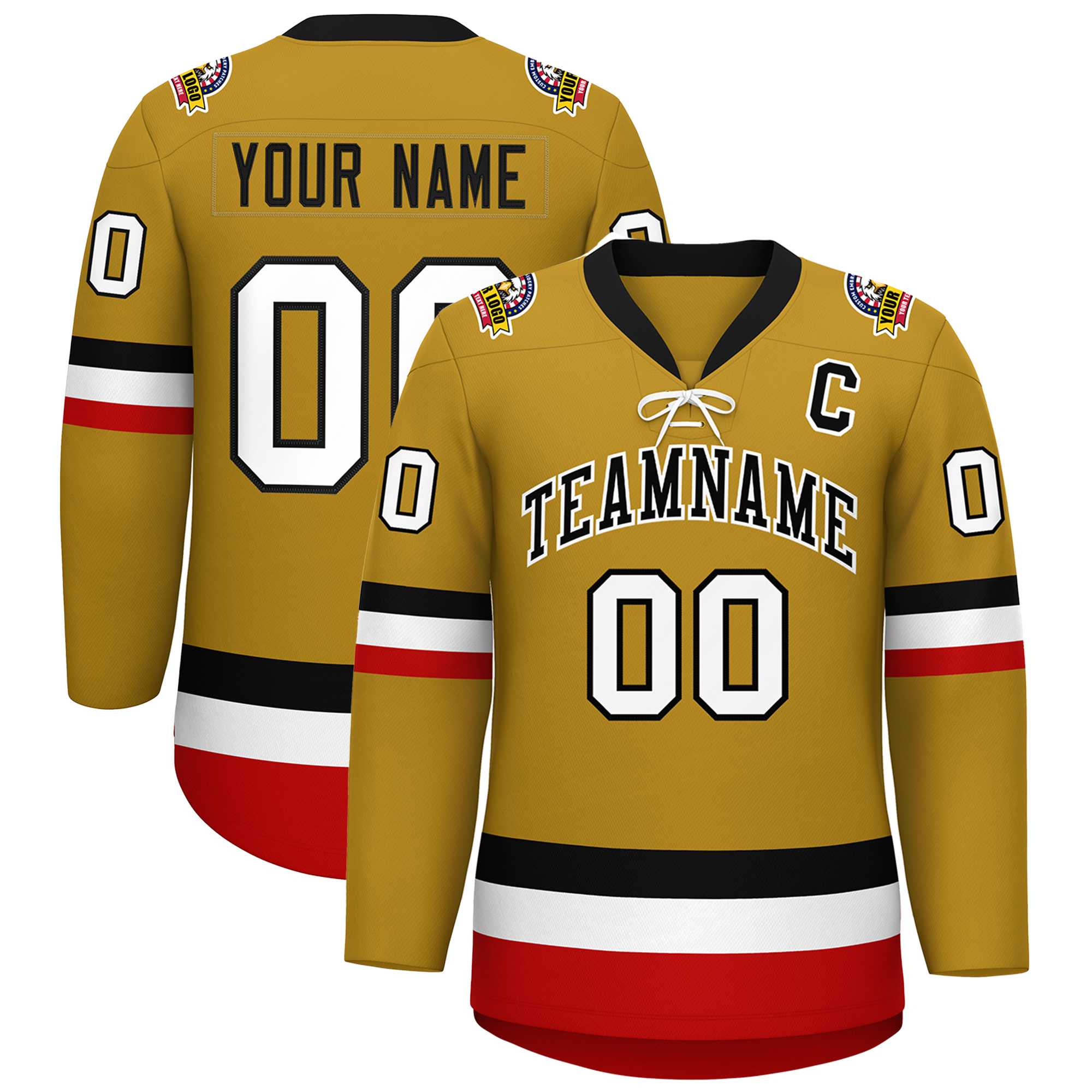 Custom Old Gold Black-White Lace-Up Neck Hockey Jersey