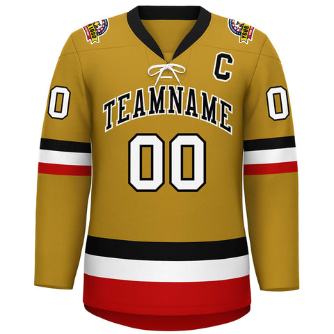 Custom Old Gold Black-White Lace-Up Neck Hockey Jersey