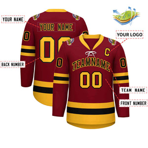 Custom Crimson Black-Gold Lace-Up Neck Hockey Jersey