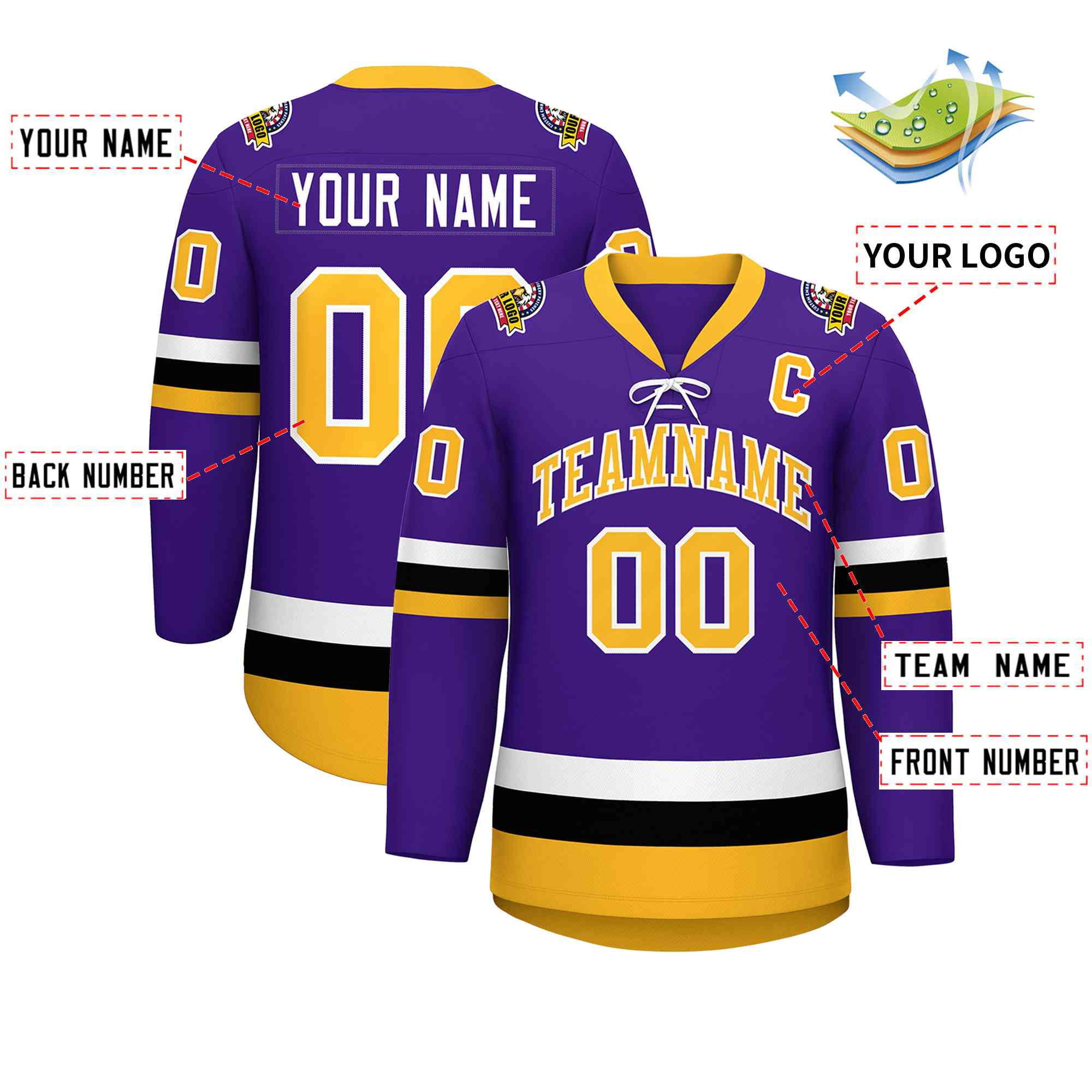 Custom Purple Gold-White Lace-Up Neck Hockey Jersey