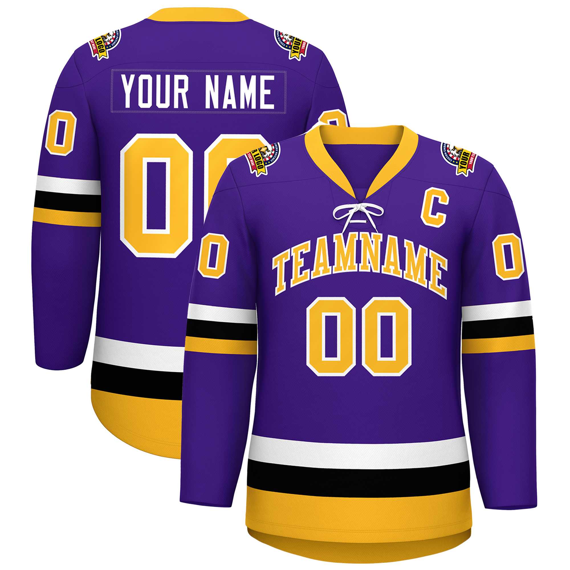 Custom Purple Gold-White Lace-Up Neck Hockey Jersey