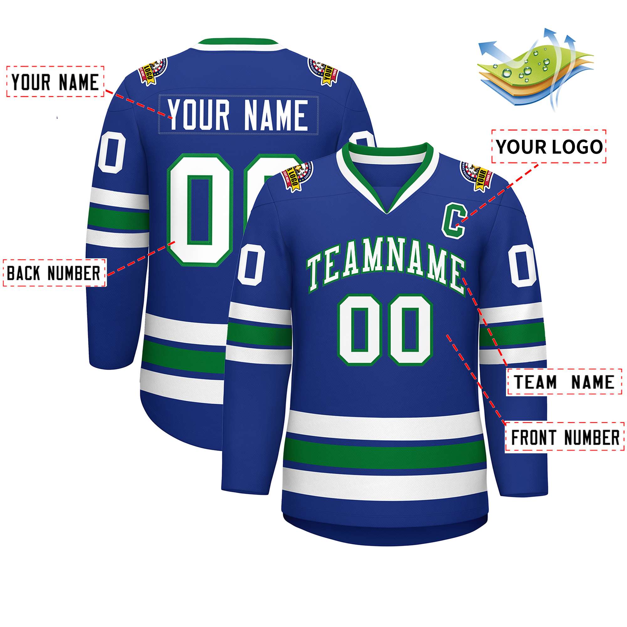 Custom Royal White-Kelly Green Classic Style Hockey Jersey