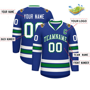 Maillot de hockey de style classique Royal White-Kelly Green personnalisé