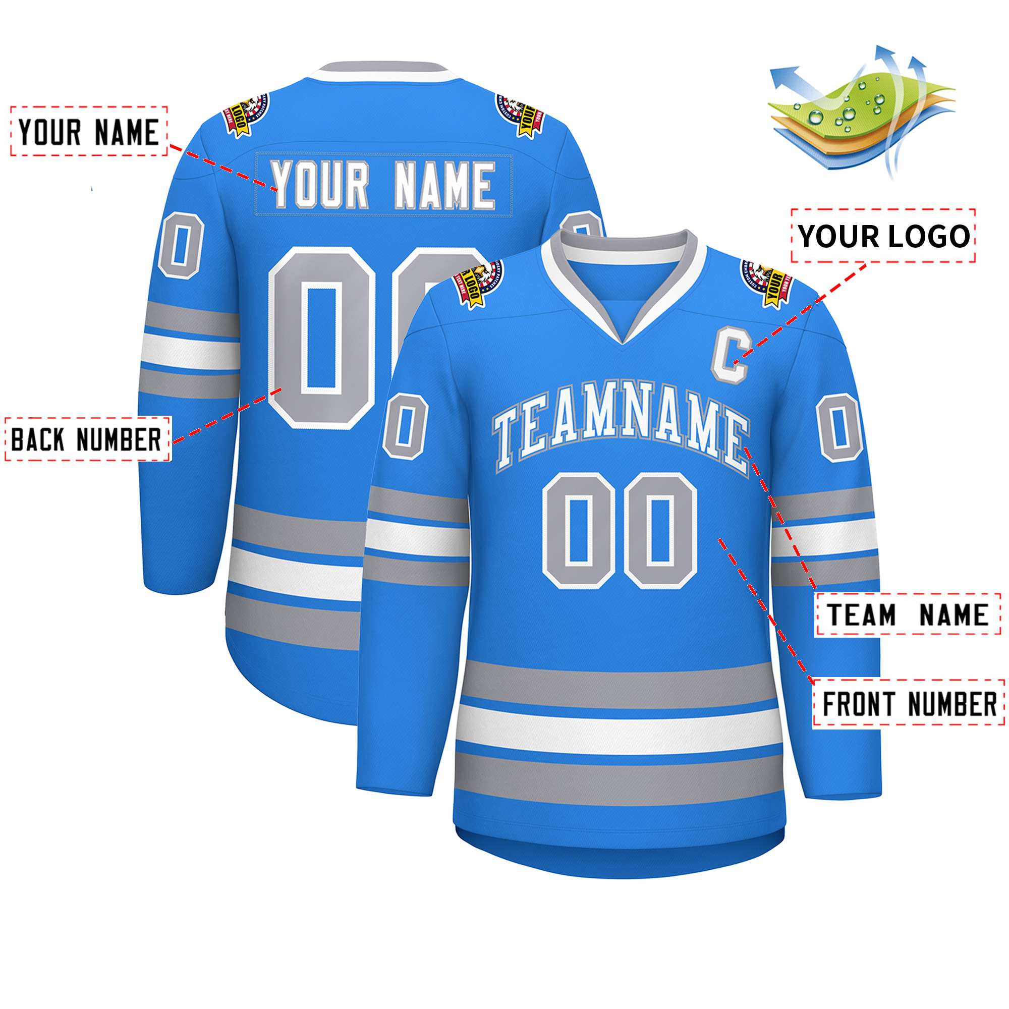 Custom Powder Blue White Powder Blue-Gray Classic Style Hockey Jersey