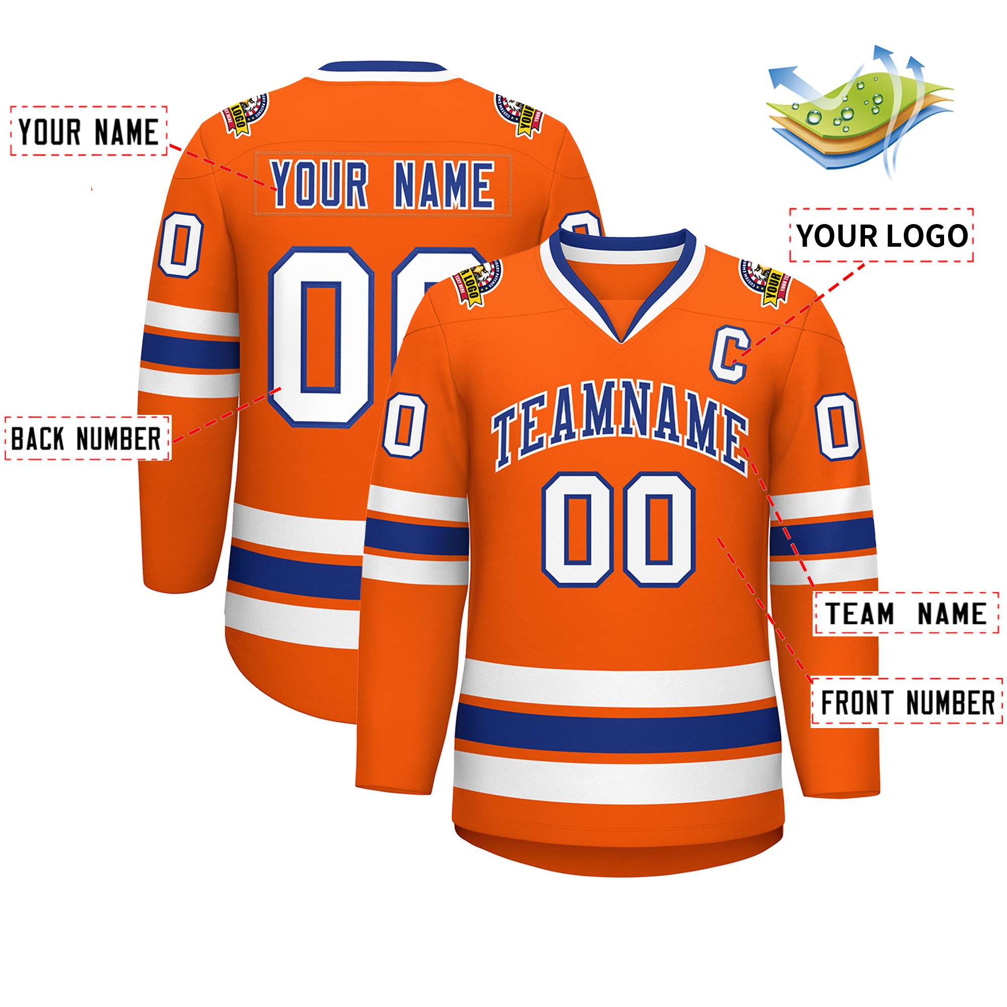 Custom Orange Royal-White Classic Style Hockey Jersey