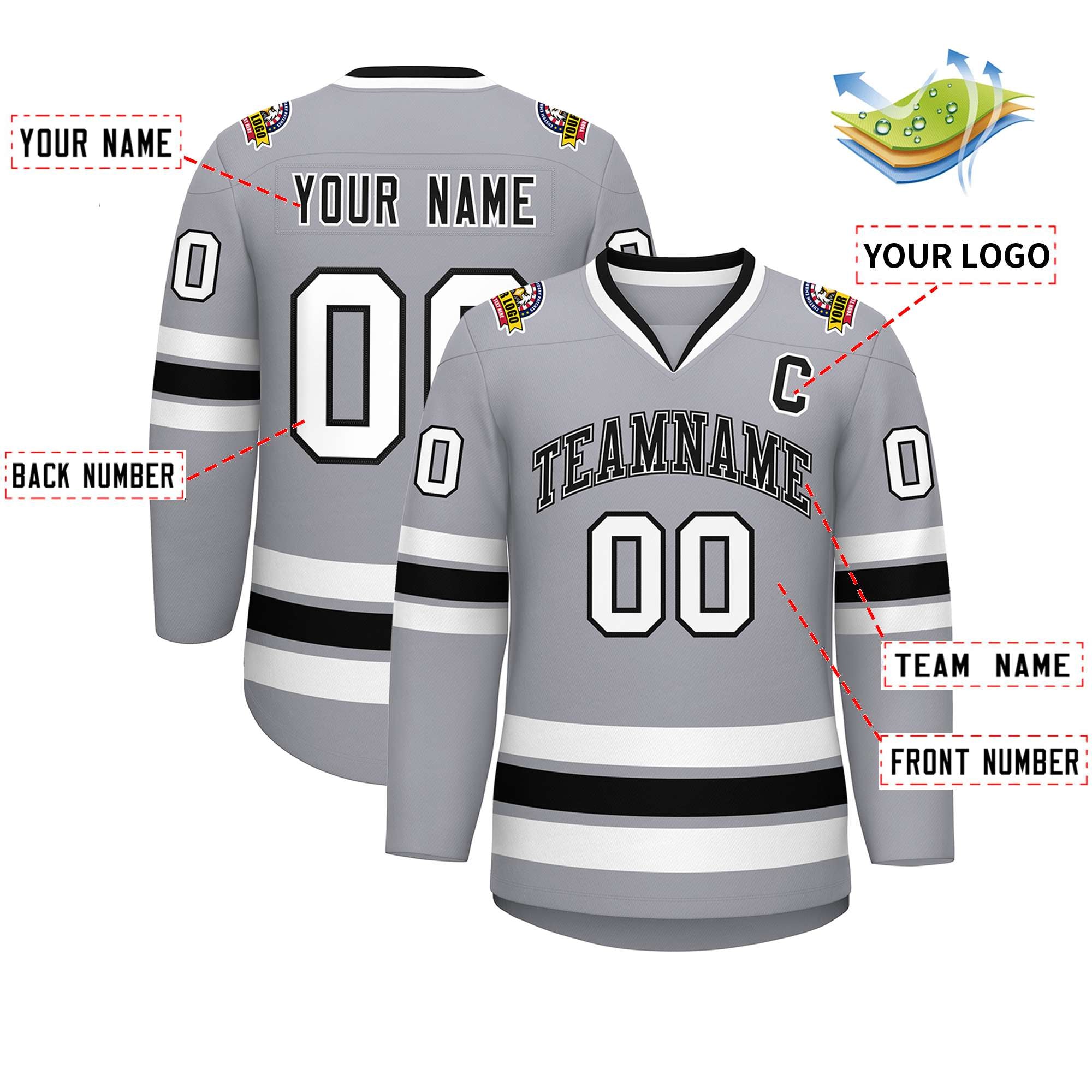 Maillot de hockey de style classique personnalisé gris noir blanc-noir