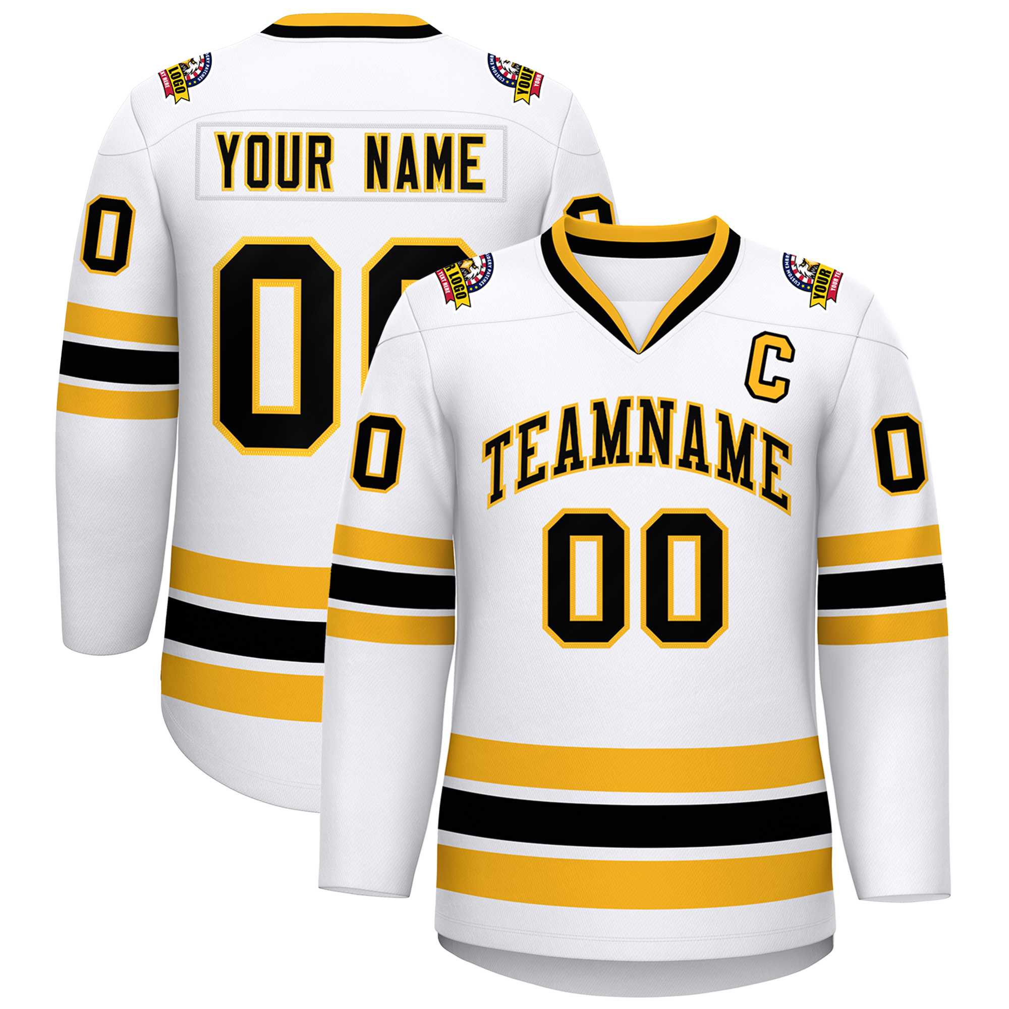 Custom White Black-Gold Classic Style Hockey Jersey