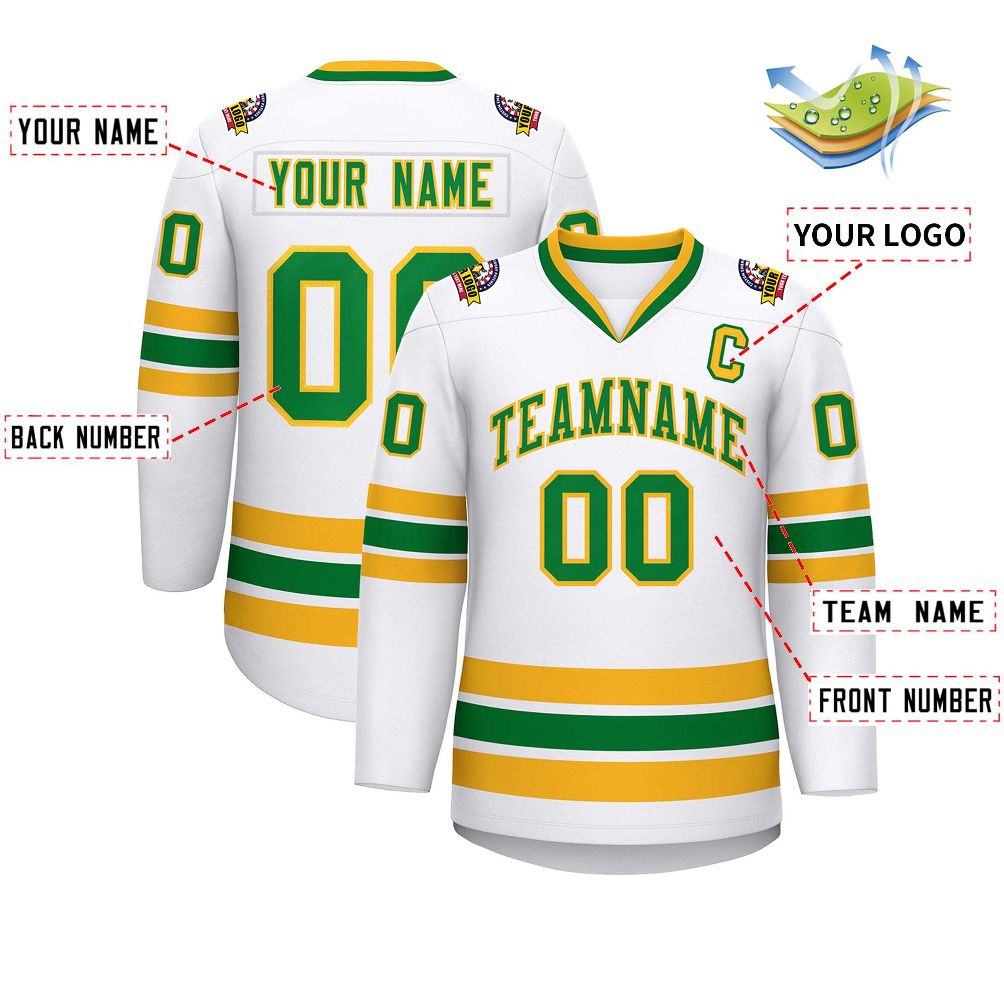 Maillot de hockey de style classique Kelly vert-or blanc personnalisé