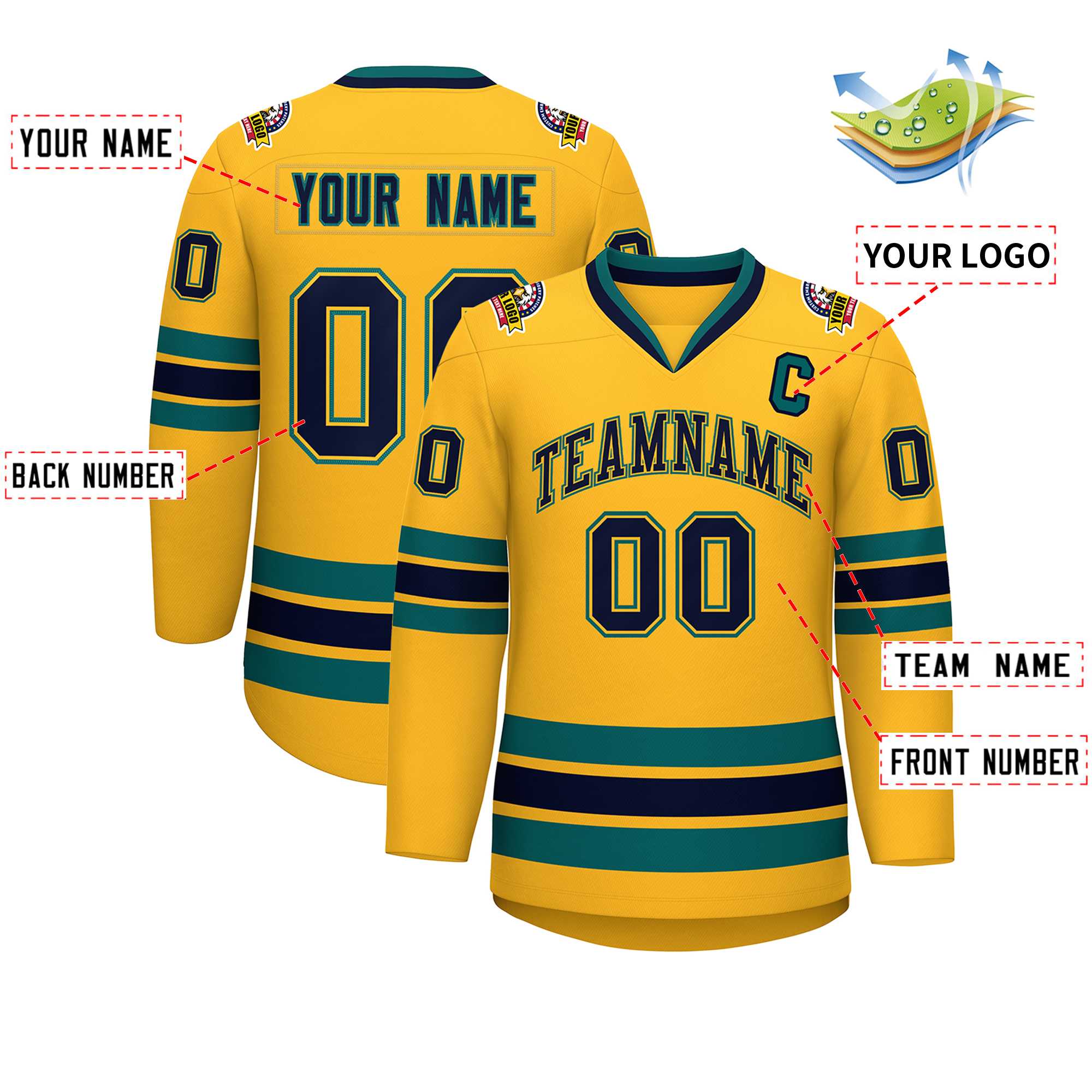 Custom Gold Navy Gold-Aqua Classic Style Hockey Jersey