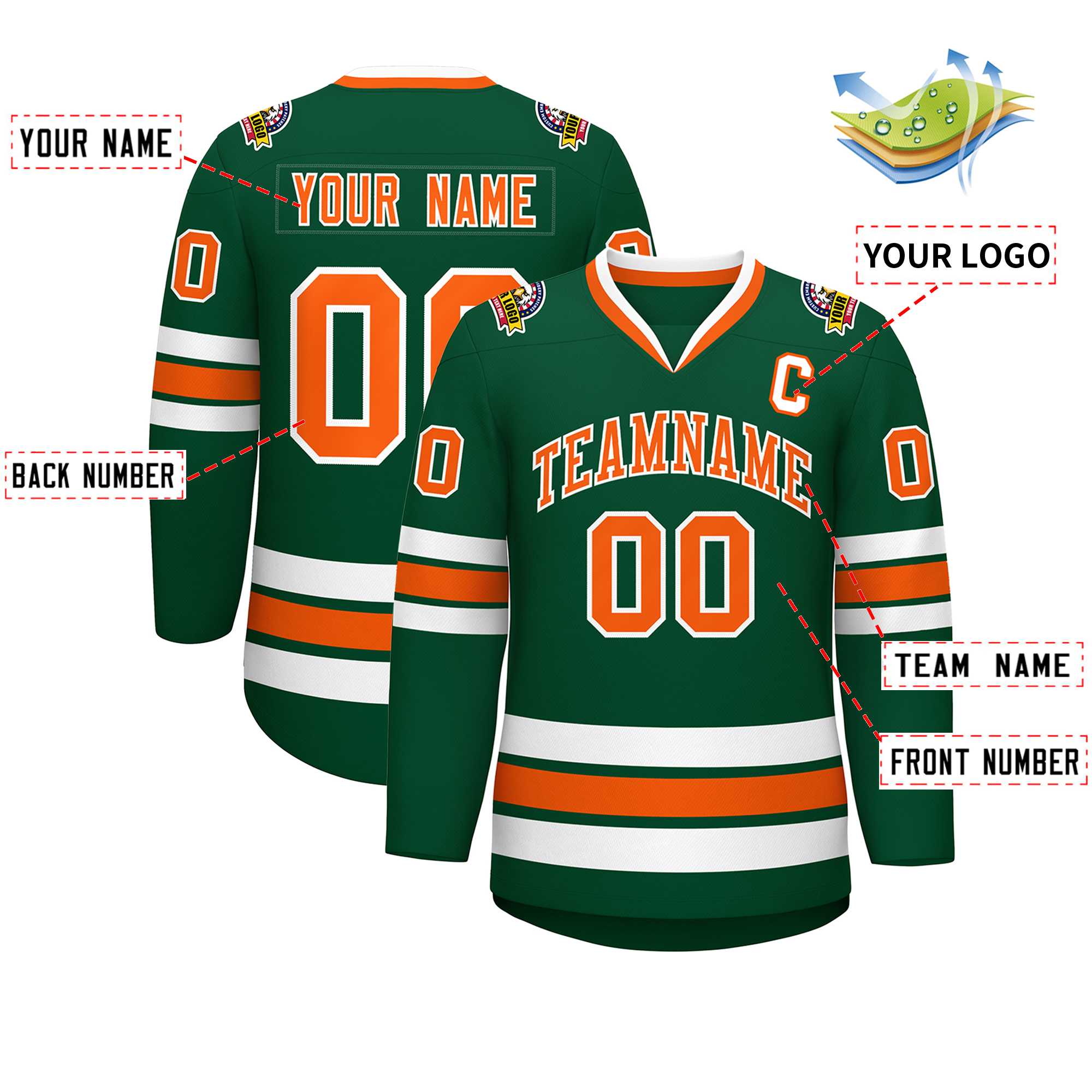 Maillot de hockey de style classique vert orange-blanc personnalisé